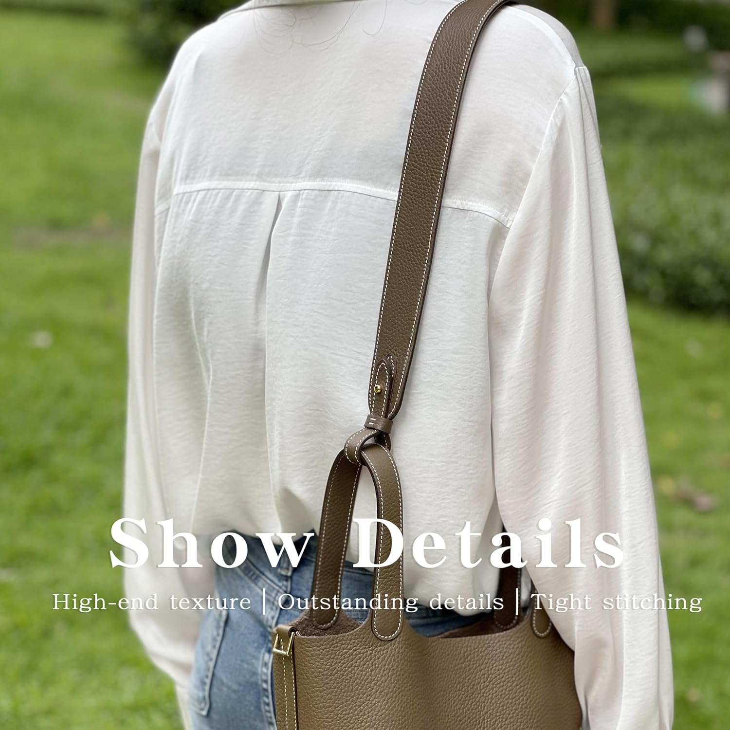 TC Leather Strap for Hermes Picotin/Lindy/Evelyne Bag, Multi Length Handmade Cowhide Crossbody Purse Strap for Handbag【39.4inch Long, 1.5inch Wide, Etoupe Grey (Gold Studs)】