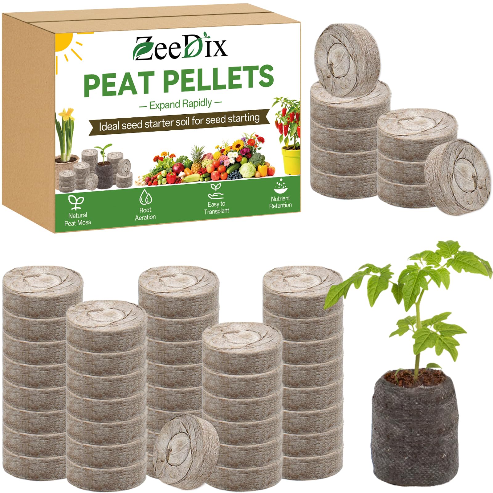 ZeeDix Peat Pellets for Seed Starting, 55 Pcs 30mm Seed Starter Soil Pods