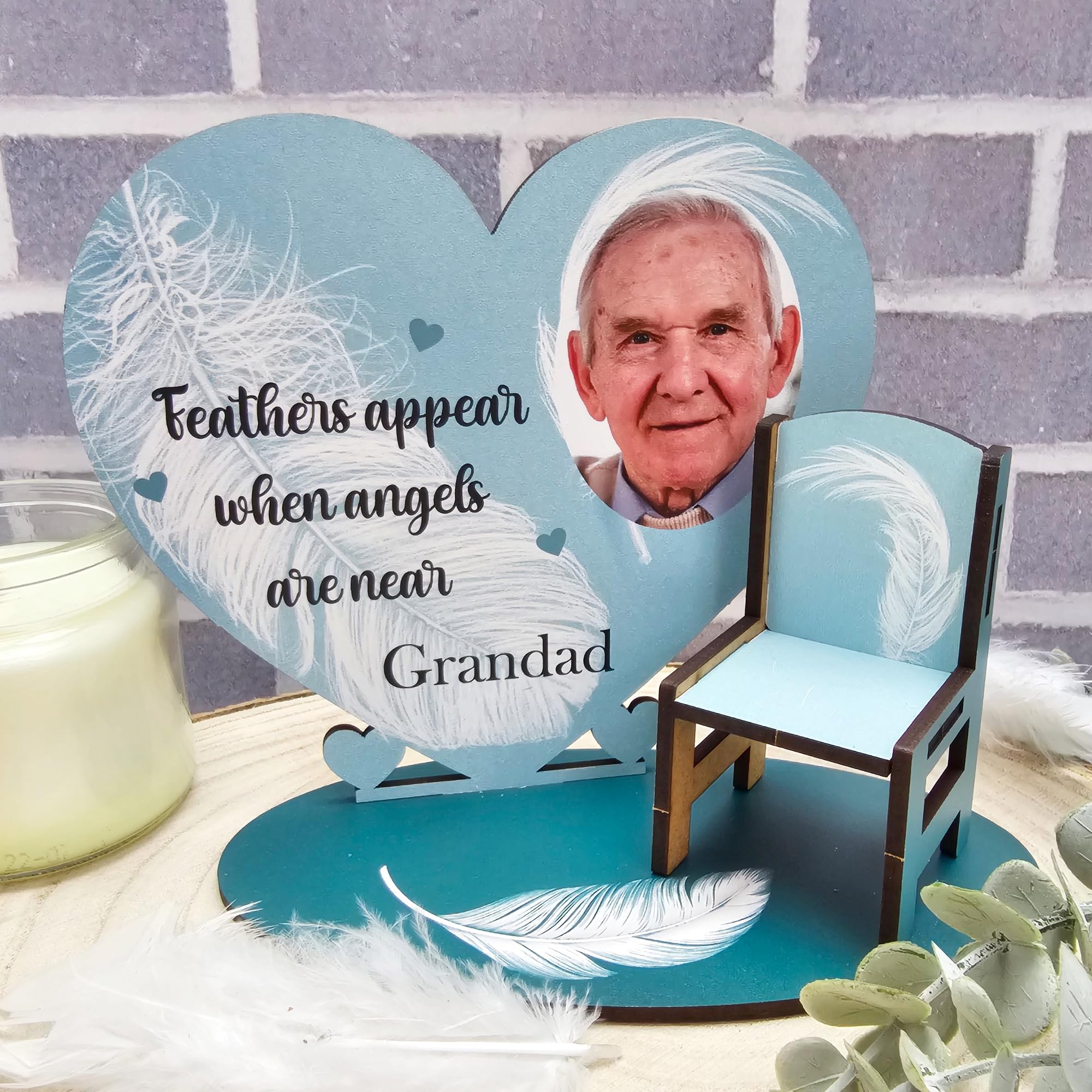 Feathers Appear When Angels Are Near" Personalised Memorial Keepsake – Custom Frame with Photo and Name, Miniature Chair, – Sentimental Bereavement Gift for Remembrance (Blue)