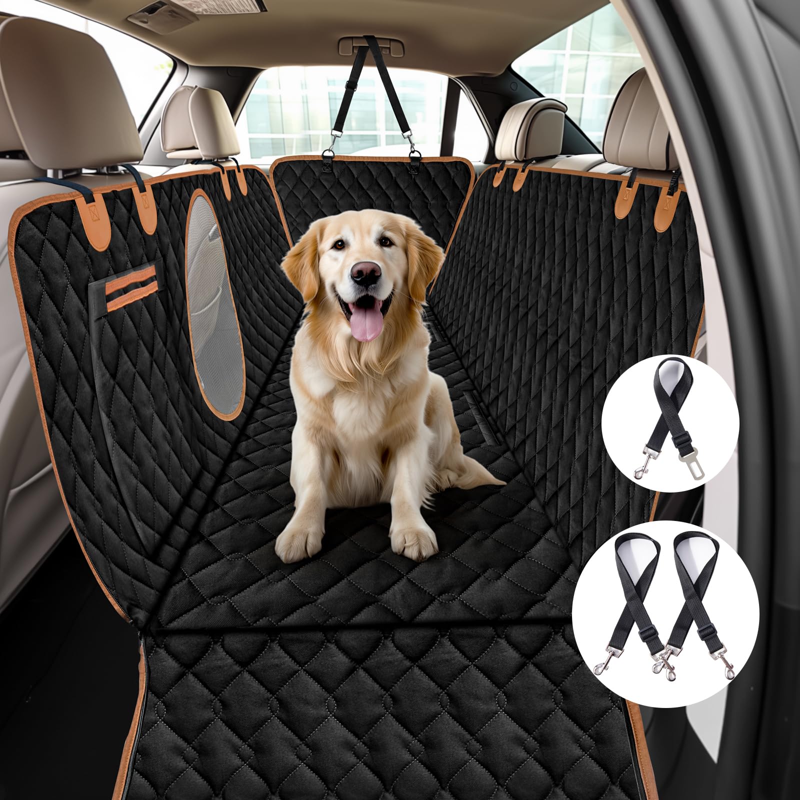 Dog Car Seat Cover, 100% Waterproof Dog Hammock for Back Seat with Mesh Window, Non Slip, Durable Pet Backseat Covers for Cars Trucks and SUVs,(54" W x 56" L), Black