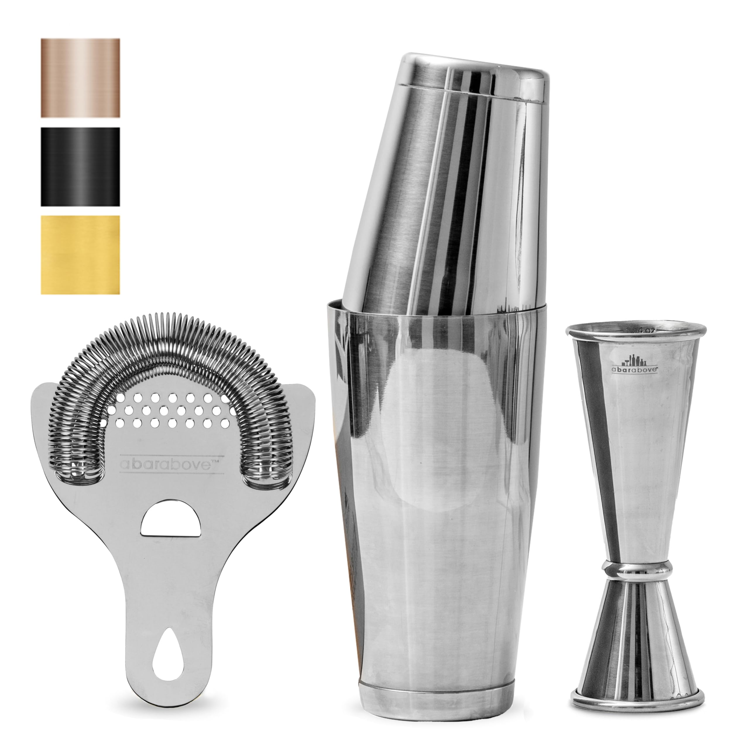 Boston Shaker Set: Professional two-piece Stainless Steel Cocktail Shaker set with Hawthorne Strainer and Japanese Jigger