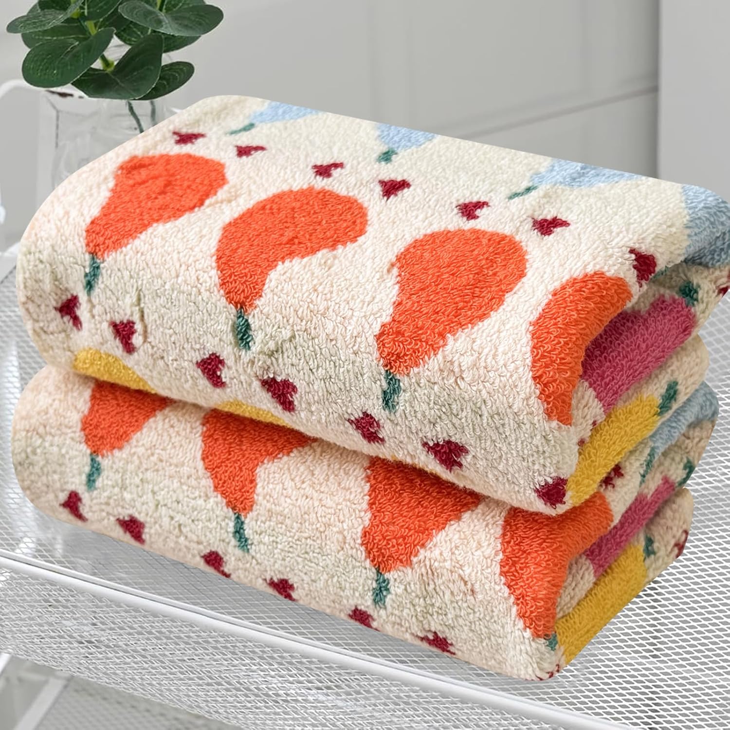 USTIDE Cute Fruit Hand Towel Pear Kitchen Dish Towel Set of 2 100% Cotton Soft Absorbent Face Towels Bathroom Farmhouse Tea Towels Holiday Home Decor 14 x 30 Inch, Beige