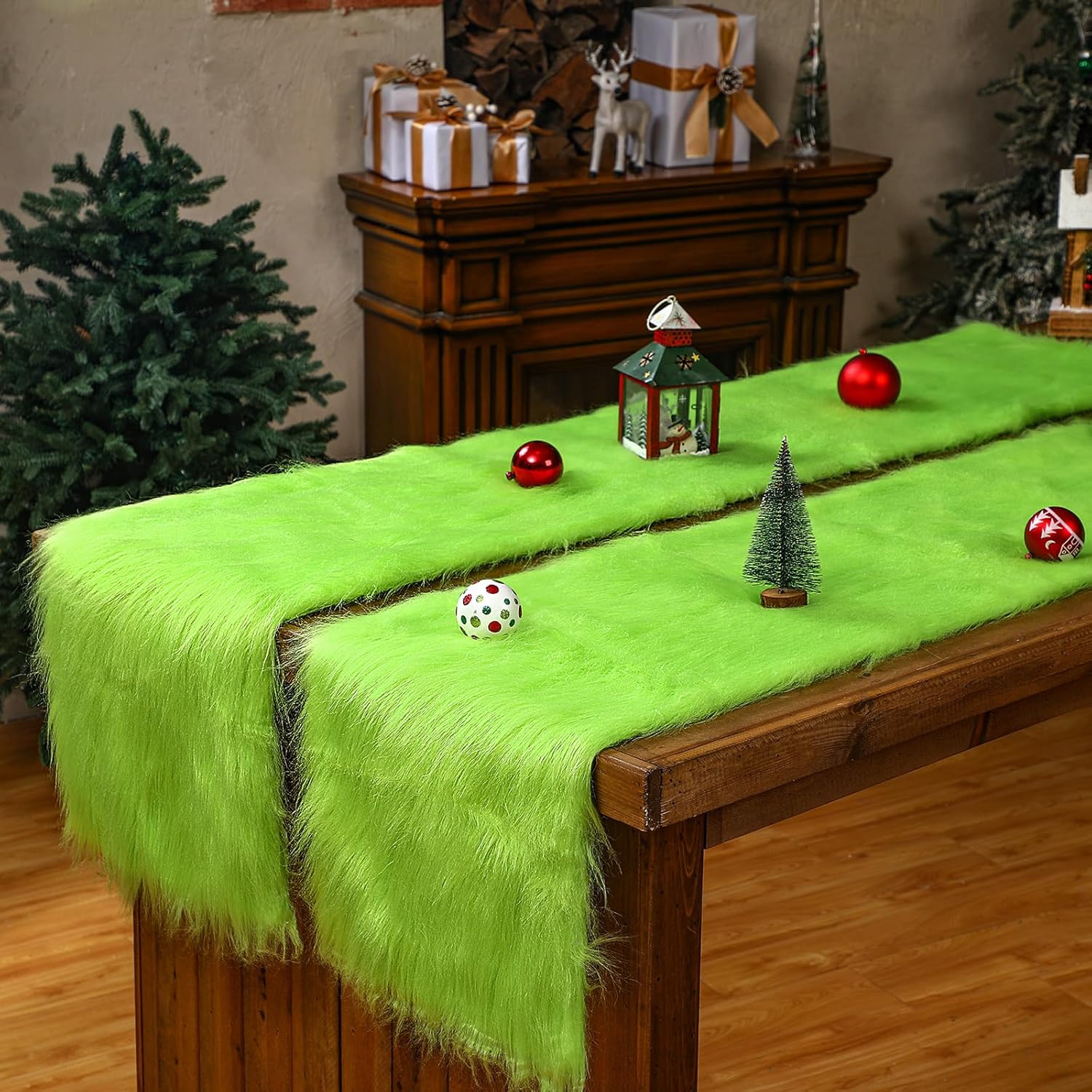2 Pcs Christmas Green Faux Fur Table Runner 14 x 71 Inch Christmas Table Runner Fluffy Lime Green Tablecloth for Xmas Winter Holiday Party Kitchen Fireplace Dining Room Home Decoration