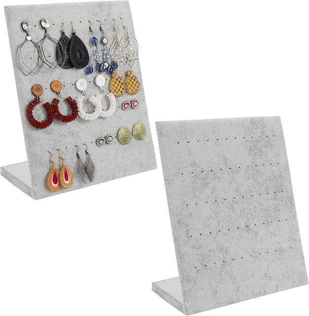 BELLE VOUS Grey Velvet Earring Jewellery Organiser and Display Holder (2 Pack) - L Shaped Jewelry Rack Stand with 60 Holes for 30 Pairs of Earrings - Showcase Studs and Dangle Earrings