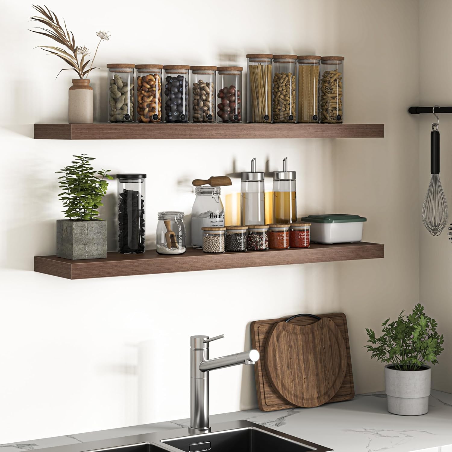 Floating Shelves for Wall, 48"W x 9.3"D x 1.5"H, Long Wooden Wall Mounted Display Shelves with Invisible Brackets for Living Room, Bedroom, Bathroom, Kitchen Decor and Storage, Set of 2, Walnut