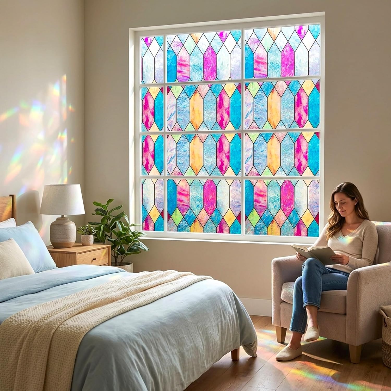 Static Cling Window Privacy Film Stained Glass Door Film Colorful Moroccan Lattice No Glue Decorative Bathroom Door Coverings Tints UV Sun Blocking Heat Control,35 inches by 78.7 inches