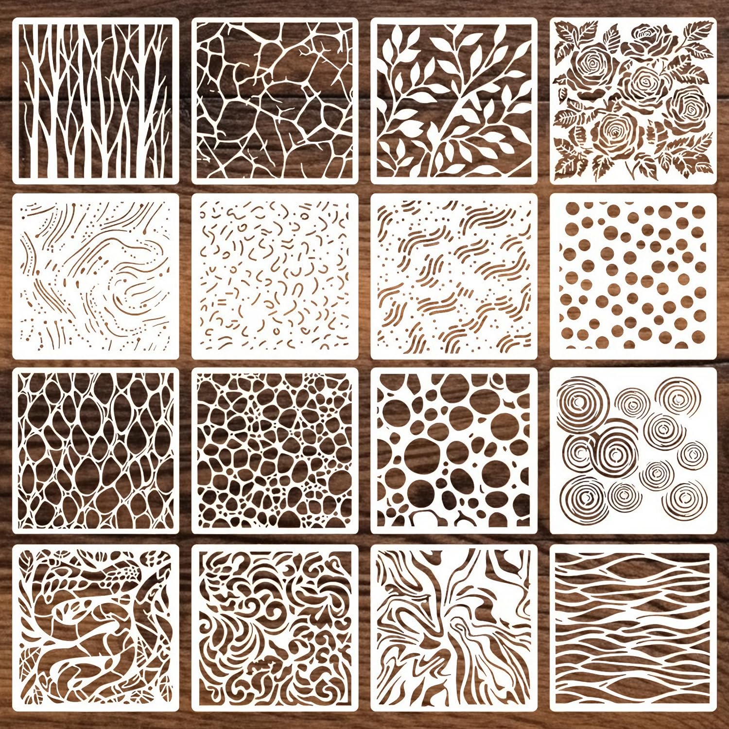 Texture Stencils, 16 Pcs Stencils for Crafts Reusable Flower Painting Template Natural Scrapbook Template for Painting DIY Art Crafts Scrapbook Wall Brick Décor