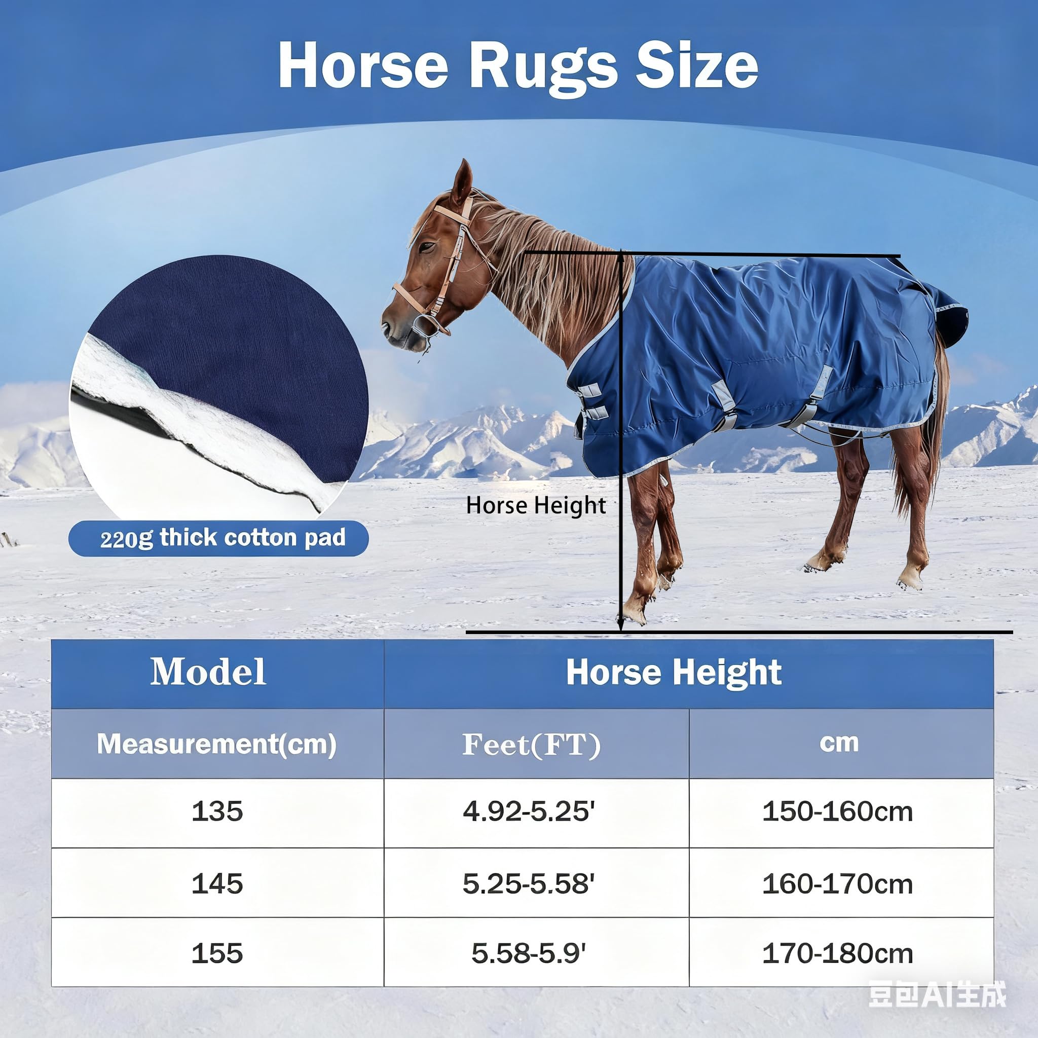 Manta de Caballo 1200D Impermeable para Invierno, 400 g, Forro de Relleno de algodón cálido 1200D, Manta Impermeable de Peso Medio, 145 cm, Azul Profundo