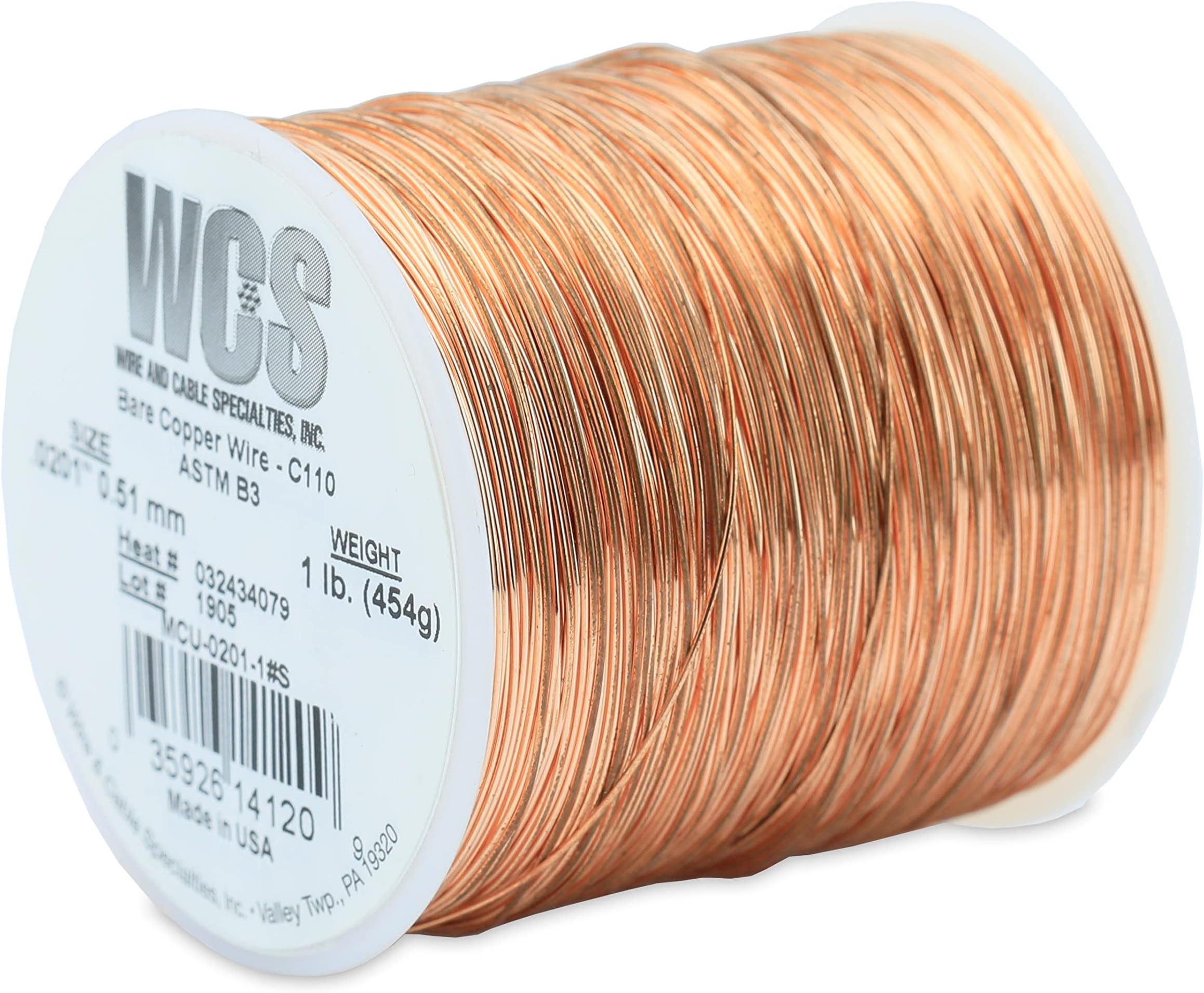 WCS Bare Copper Wire, C110, ASTM B3, MS20995CU, .0200 in (0.51 mm), 24 Gauge, Soft Temper, 1 lb (0.45 kg) Spool, Approx. 792 ft (241 m)