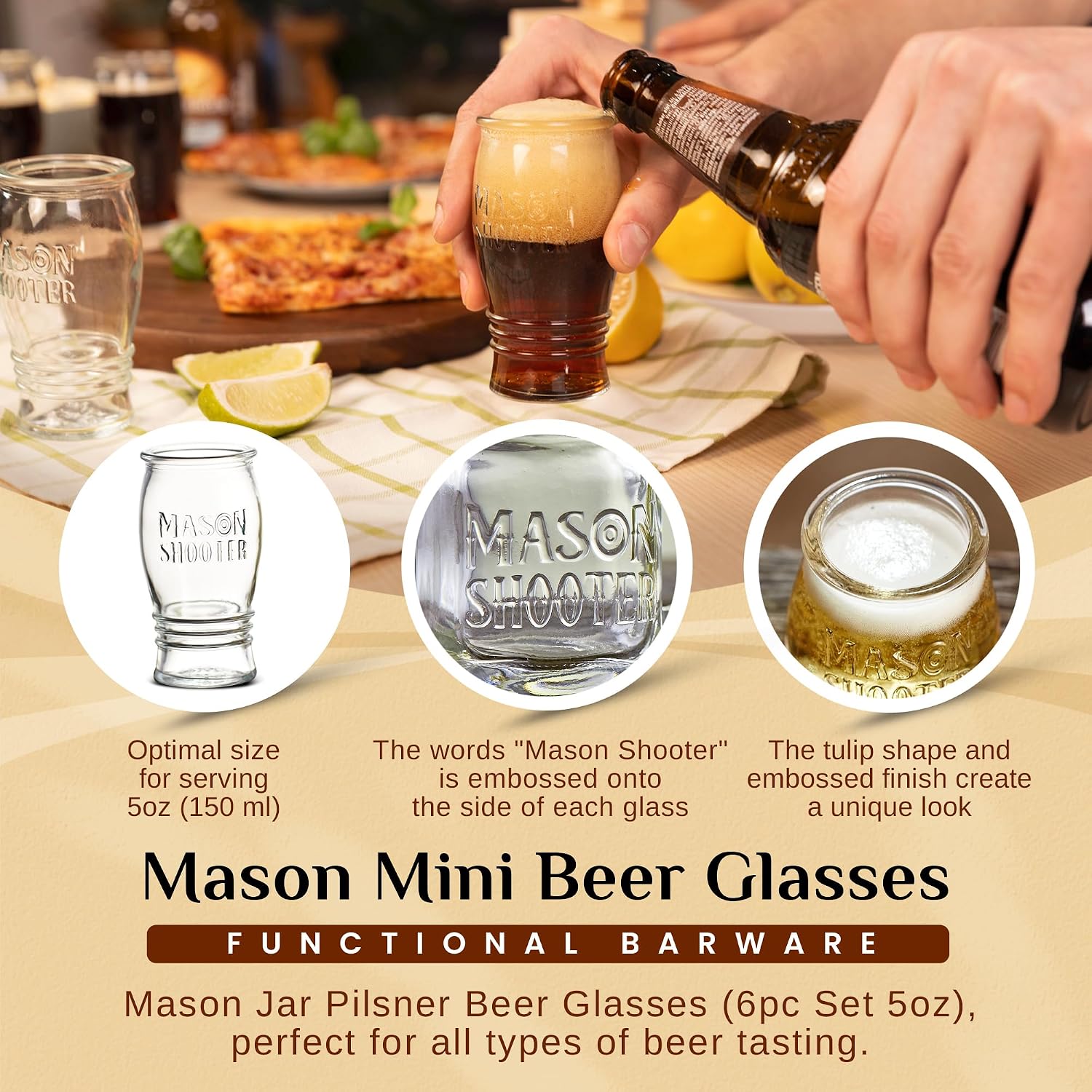 5 oz Mason Jar Pilsner Beer Glasses (6 Pack) Flight Glass Set, Beer Tasting