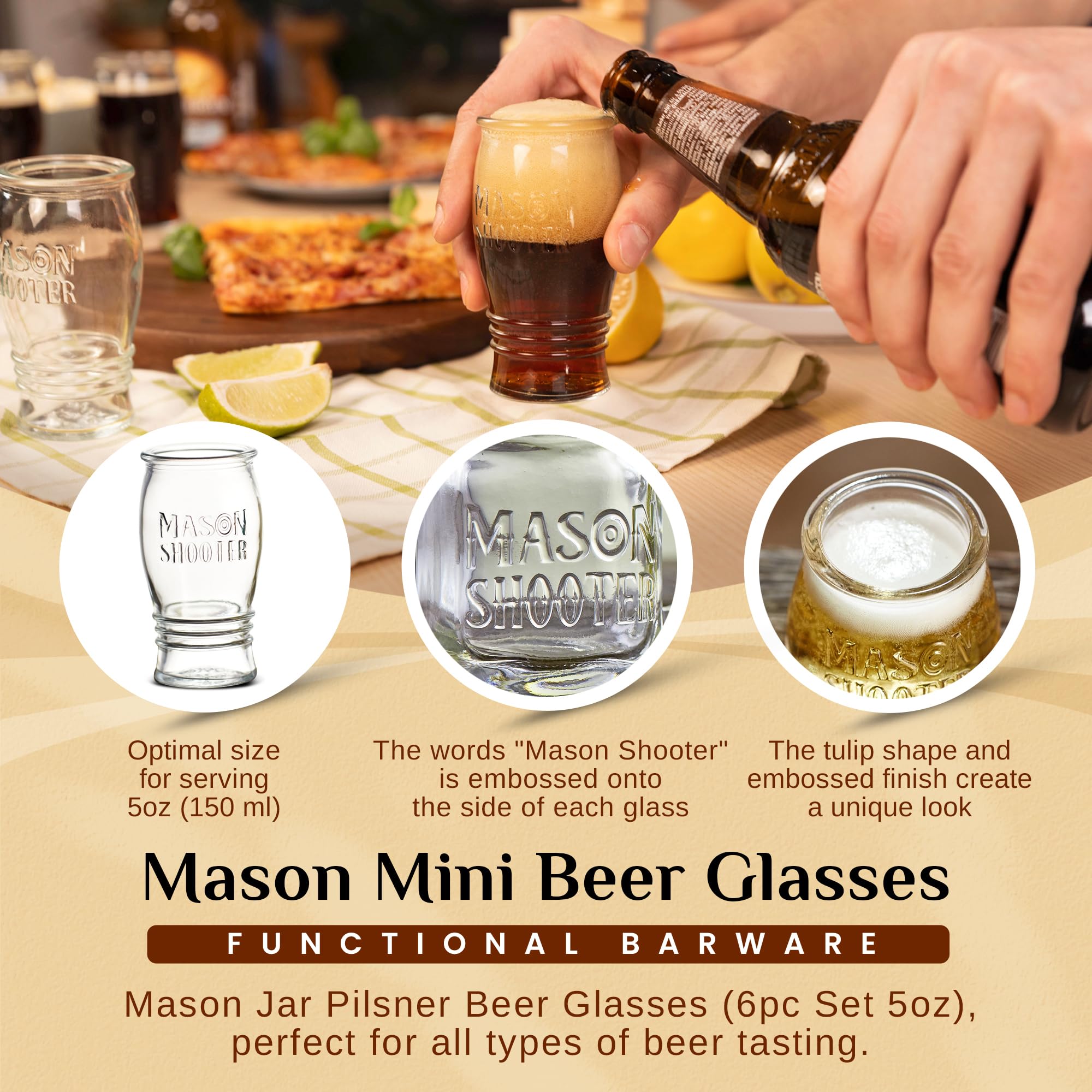 Hayley Cherie® - Vasos Mason Pilsner de 5 onzas (juego de 6) - Para bebidas, licor, regalos, postres, fiestas, cumpleaños, regalos