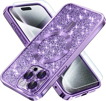 Misea Magnetic for iPhone 15 Pro Max Case Compatible with MagSafe [Military Grade Drop Protection] Full Camera Lens Protector Plating Glitter Soft Phone Case for Women Girls, Purple
