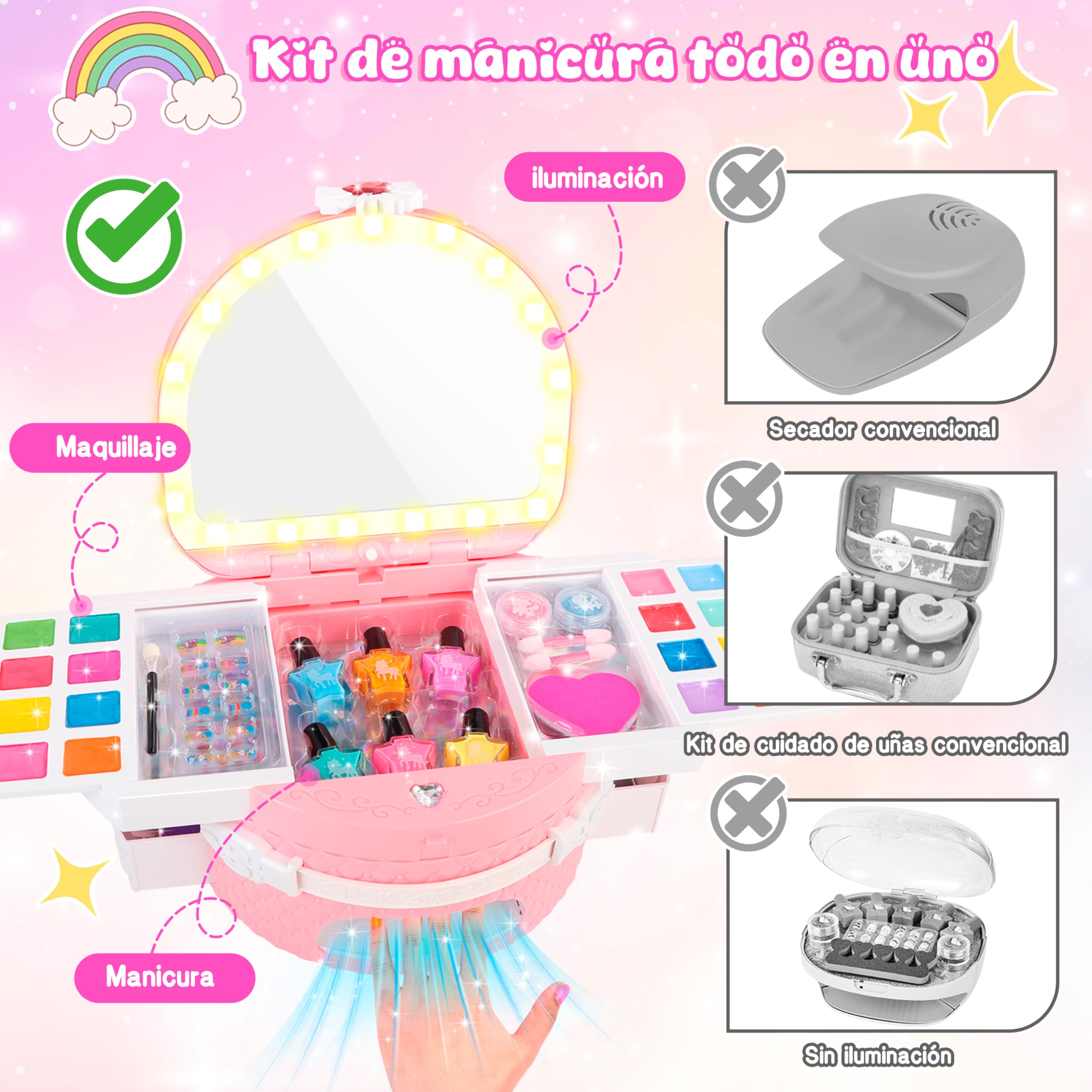 Herenear Set Manicura Niñas con Peel Off Pintauñas, Esmalte de Uñas Secador, Juguetes Kit Estudio Uñas Infantil, Pegatinas de Uñas Juego Cumpleaños Regalo para Niños Niñas (Rosa)