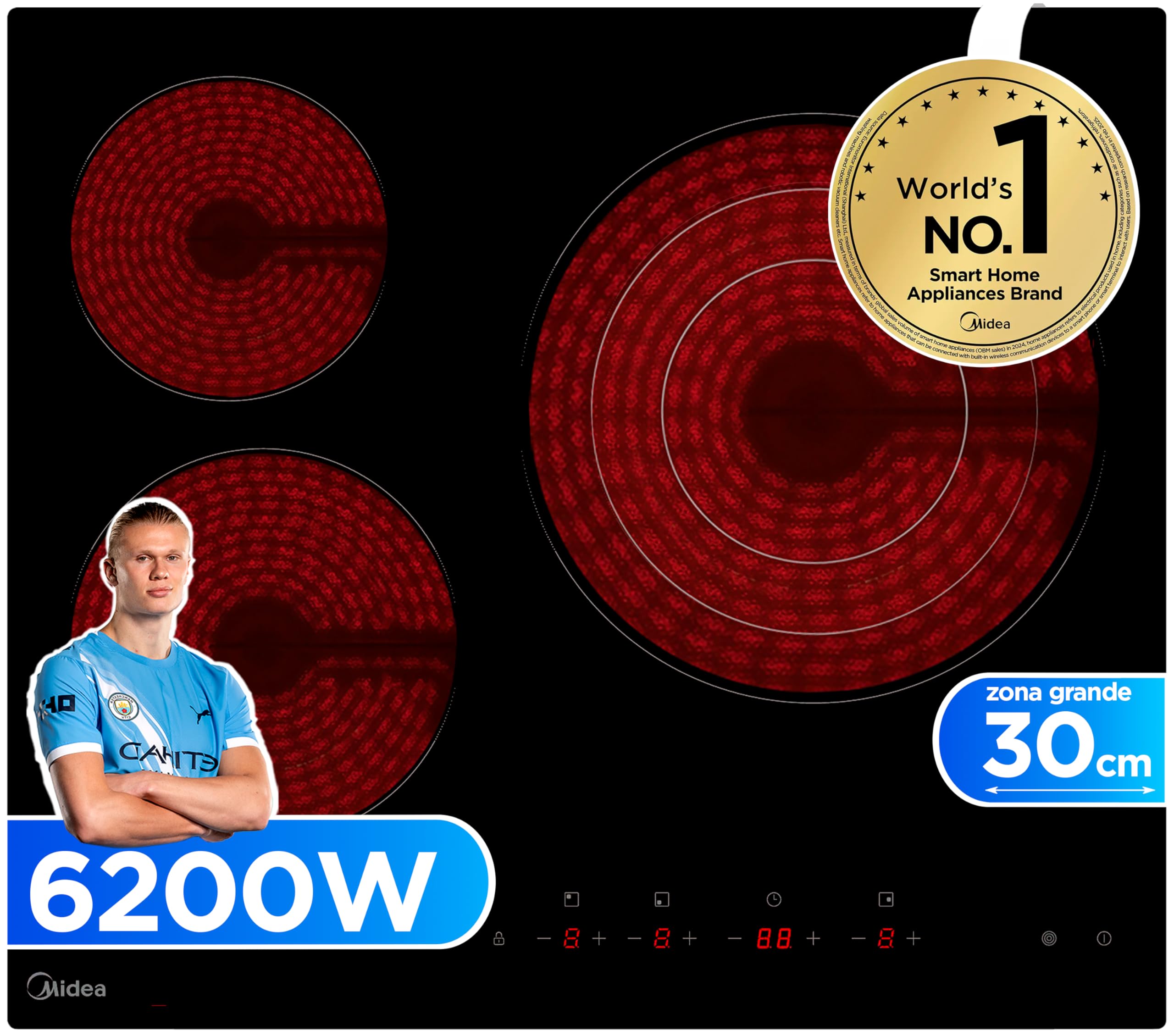 MIDEA 3-burner glass plate 6200 W - Integrated glass ceramic with touch control panel, light indicator, timer, child lock and overheat protection