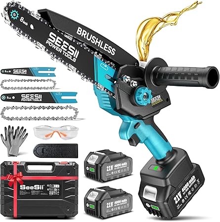 Mini Chainsaw Cordless, 8 inch & 6 inch Electric Battery Powered Chain Saw with 2 Pack 4000mAh Batteries, Handheld Saw for Trees Branches Trimming Wood Cutting, Gardening Tools for Dad Husband Men