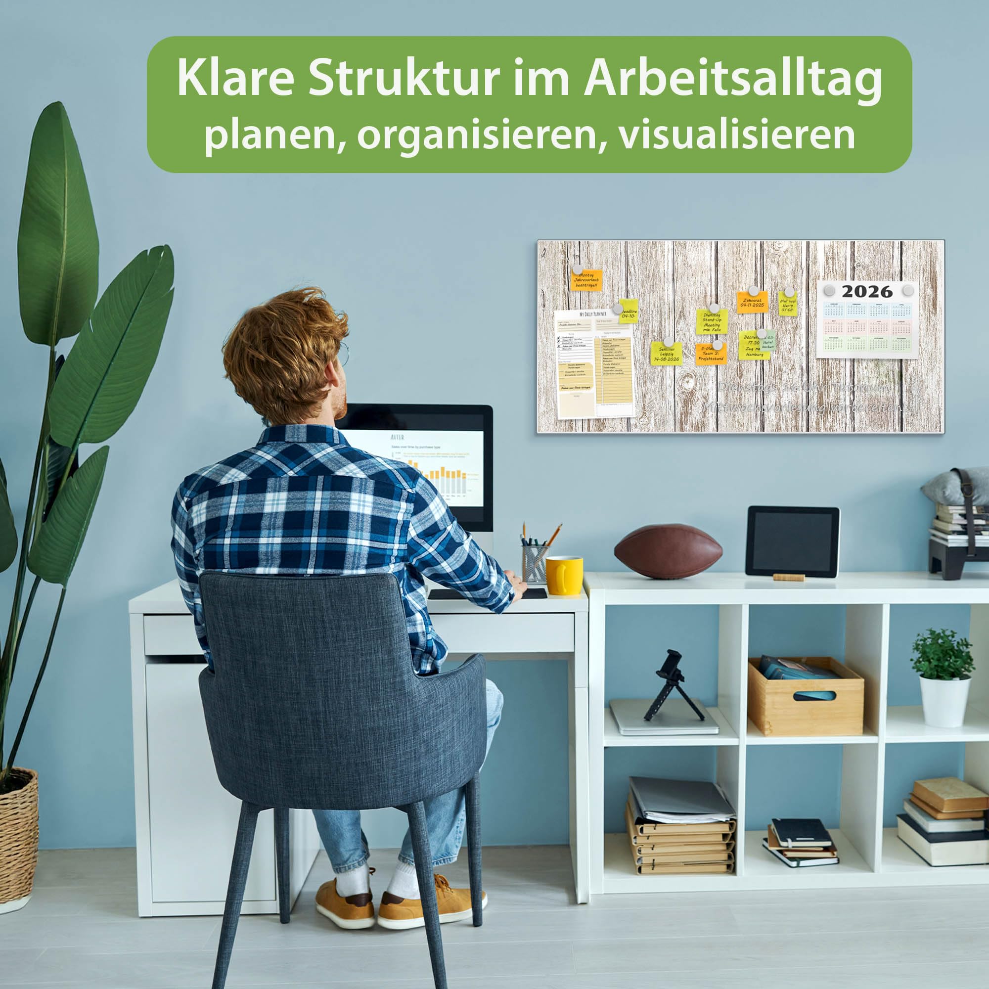 banjado Magnettafel Metall 78 x 37cm - beschreibbare Magnettafel - Metall Pinnwand als Memoboard - Magnetwand Küche, Büro, Kinderzimmer Weiß inkl. 4 Magnete & Montageset - Motiv Weißes Holz