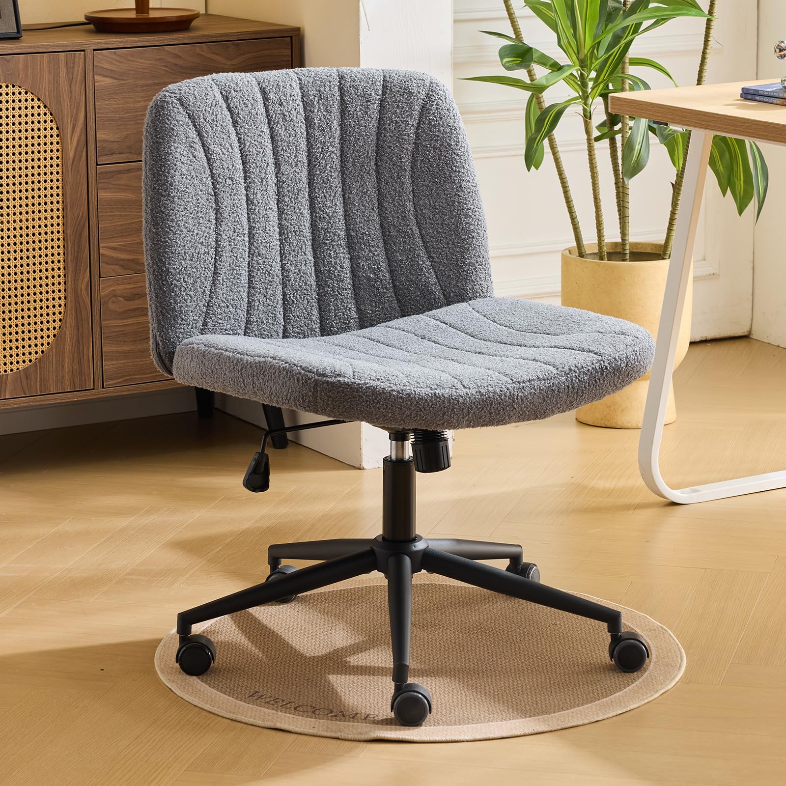 Bonnlo Criss Cross Legged Thick Padded Armless Comfy Office Desk Chair with Dual-Purpose Base,Adjustable Swivel Modern Vanity Chair,Rolling for Home Office, Computer,Task,Makeup, Teddy Fleece, Grey