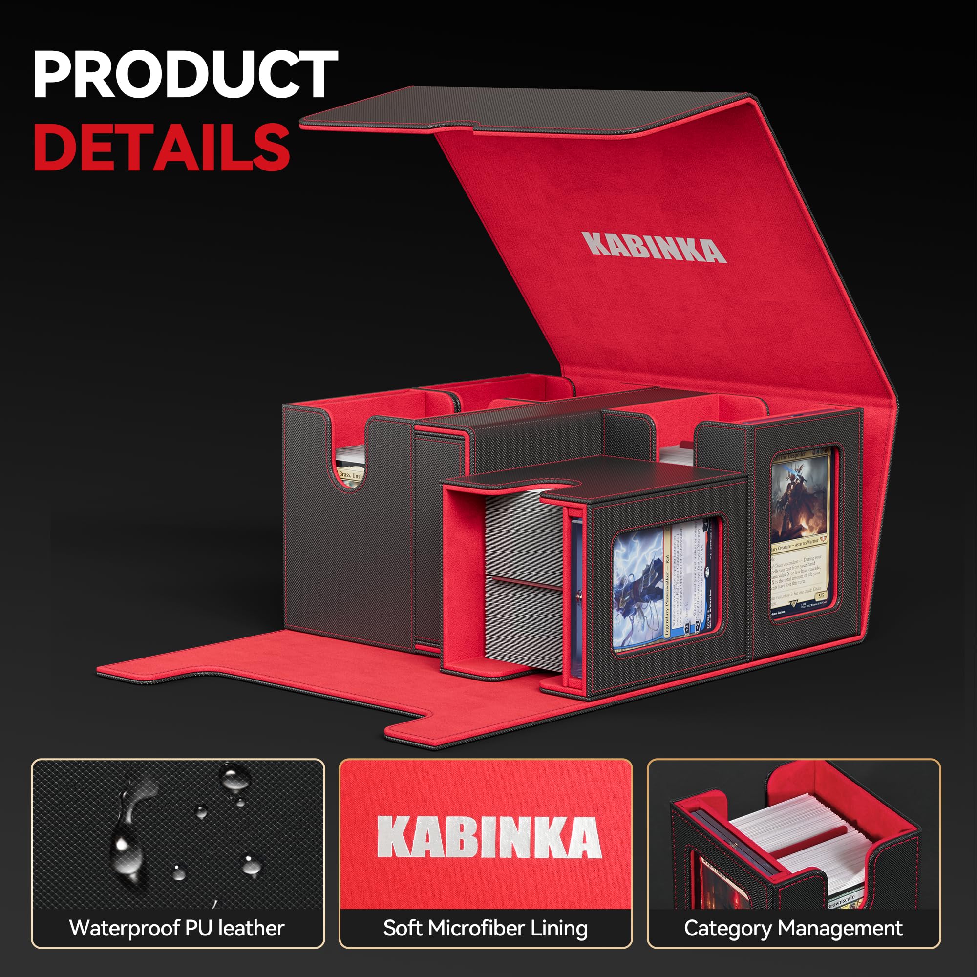 Scatola porta mazzi per MTG con display Commander, scatola per carte 5 in 1 adatta a oltre 400 carte con doppio sleeve, custodia rimovibile per TCG/carte sportive con vassoio per dadi, 4 porta carte