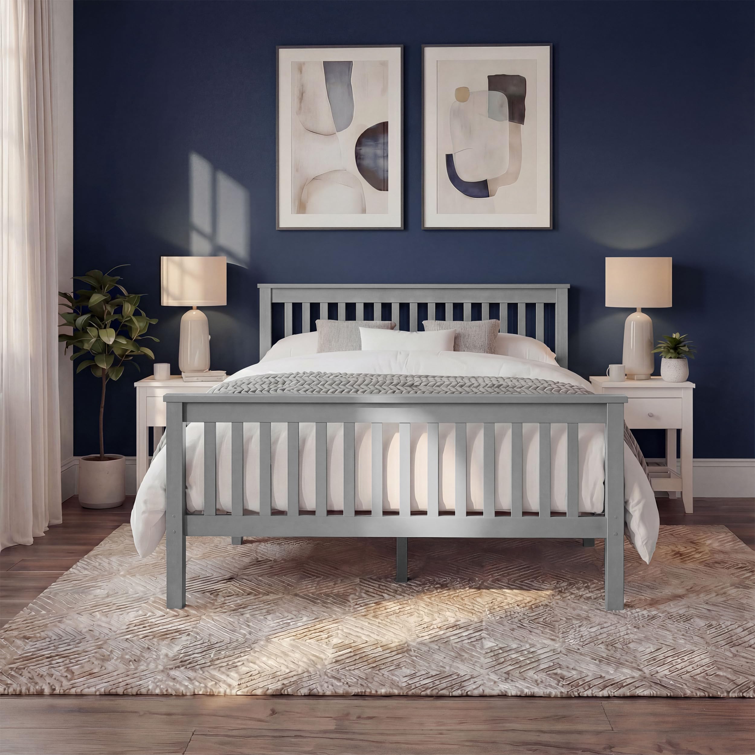 Blisswood Double Bed, 4ft6 Double Bed Frame for Bedroom, Solid Pine Wood Bed Frames For Kids & Adults, Wooden Bed Frame With Headboard & Low Foot, Double Beds 198L x 143W x 82H, Grey