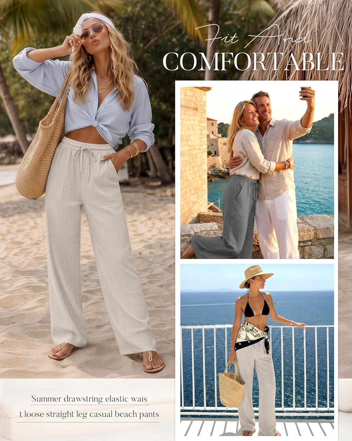 Neer 2 Pack Women's Linen Long Pants, Summer Drawstring Elastic Waist Flowy Straight Pant Casual Loose Beach Pant with Pocket - Image 3
