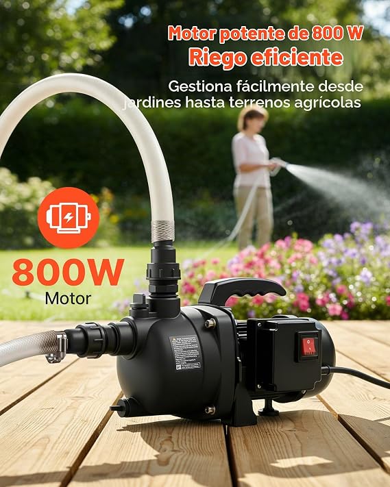 VEVOR PP Jet Pump for Shallow Wells 800 W 230 V, Maximum Flow Rate 3700 L/h, Suction Height 8 m, Thermal Protection, European Standard Voltage, for Garden Lawn Irrigation