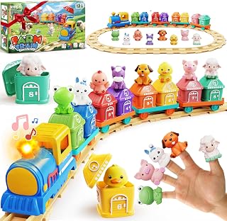 Vinkp Montessori Train Set for Toddlers 1-4: Light-Up Engine with Music, Counting Barns, Farm Animal Puppets - Ideal 1-3 Year Old Gifts