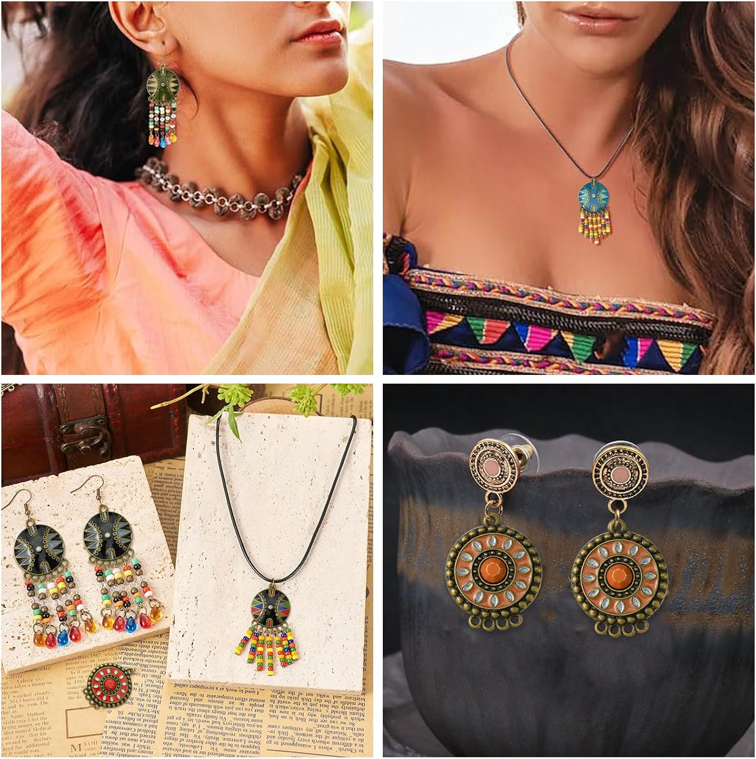 KitBeads 16pcs 8 Styles Enamel Boho Charmss Antique Bronze Flat Round Connector Charms Rhinestone Boho Chandelier Charms for Jewelry Making Bulk - Image 7