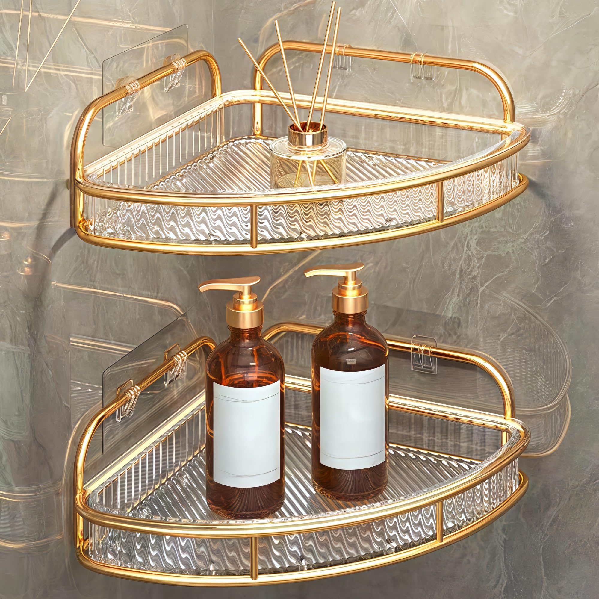 Corner shower caddy for small bathrooms，corner shower caddy，shower corner caddy，Waterproof corner shower rack for bathroom，Bathroom corner shelf， for Bathroom, Vanity and Kitchen(Gold1,2-layer)