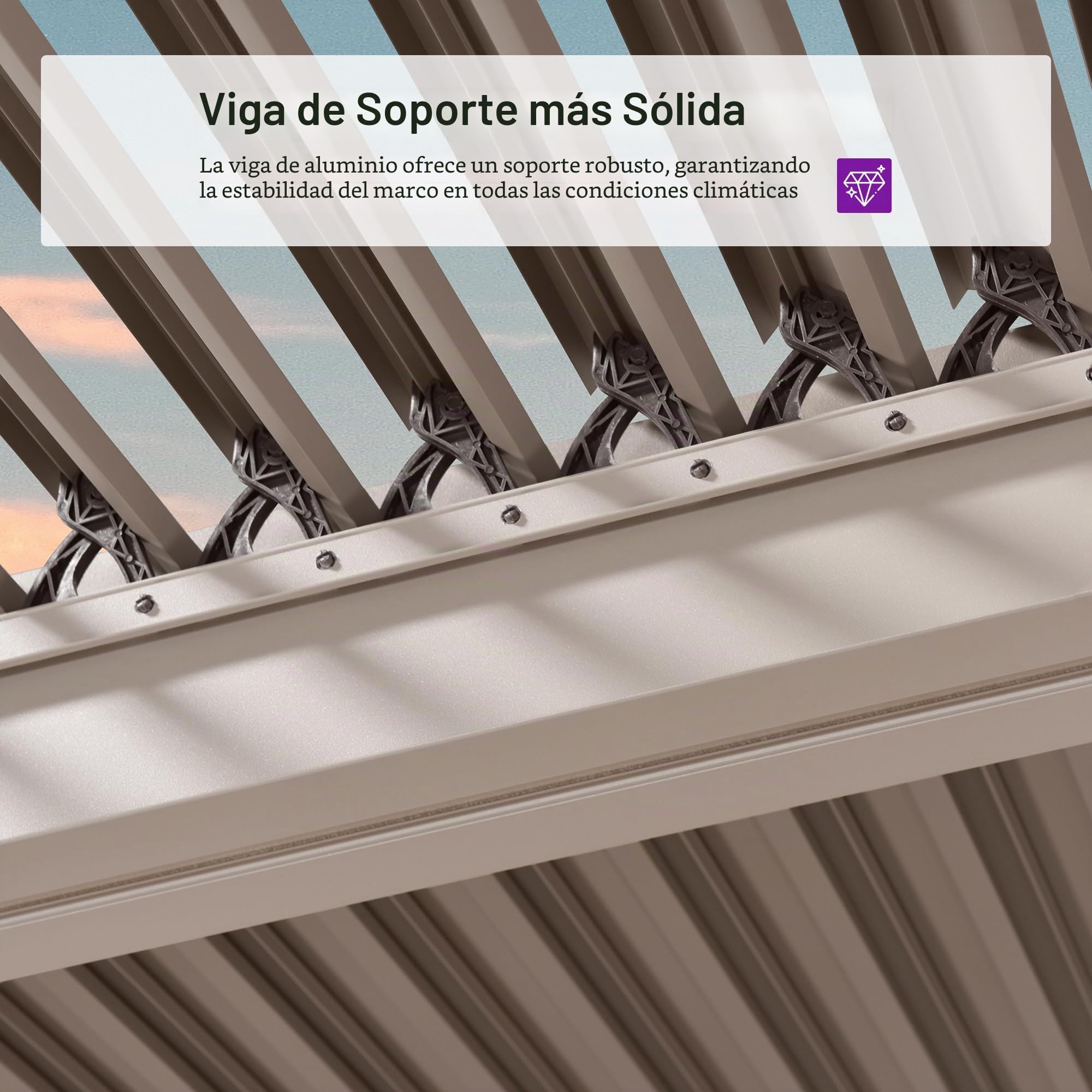 PURPLE LEAF Pérgola bioclimática 4,6 x 3 m, pérgola de jardín exterior en aluminio, cenador de jardín exterior sin mantenimiento con sistema de drenaje para terraza y balcón, color champán