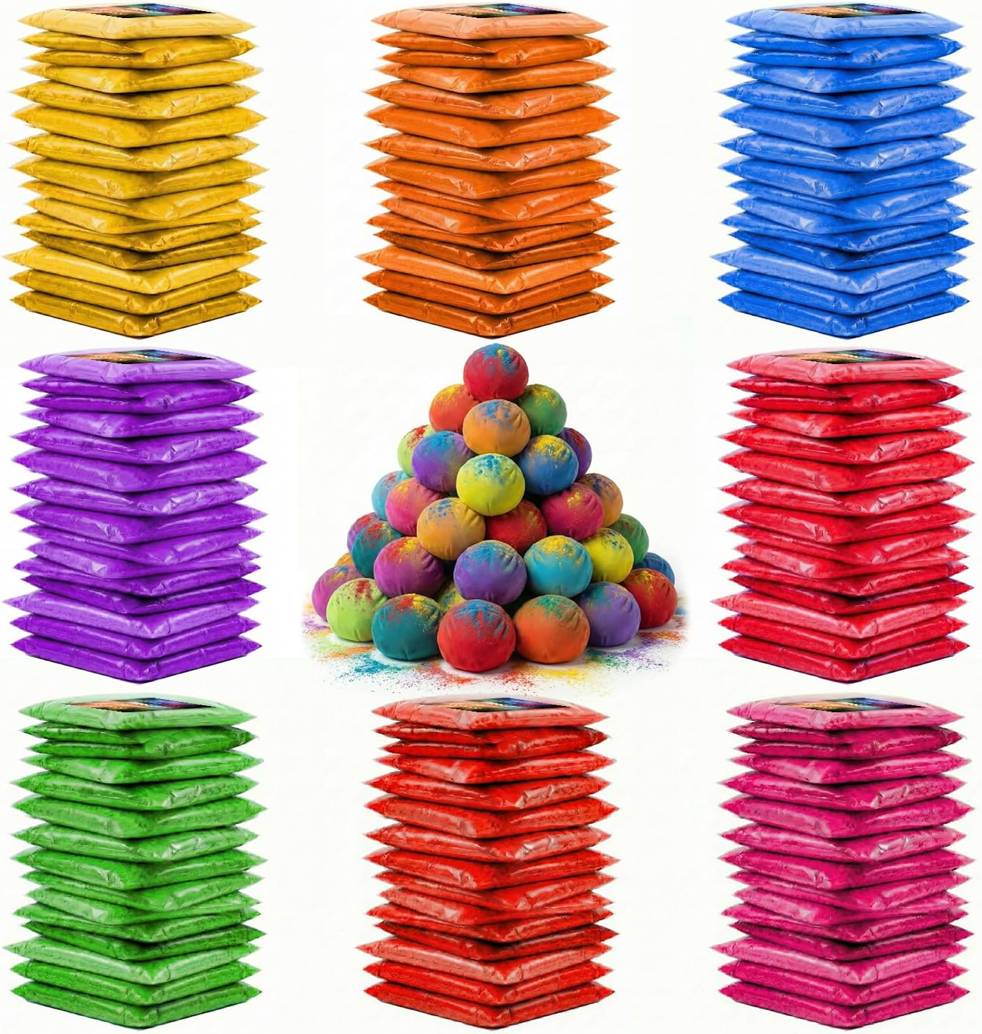 ARELUX Holi Powder Color Run Powder Bulk,120 Pack 80g Each Natural Assorted Color Rangoli Powder+48 Pack Refillable Powder Sandbags, Powder Paint for Color War, Rangoli, Fun Run, Party & Festival