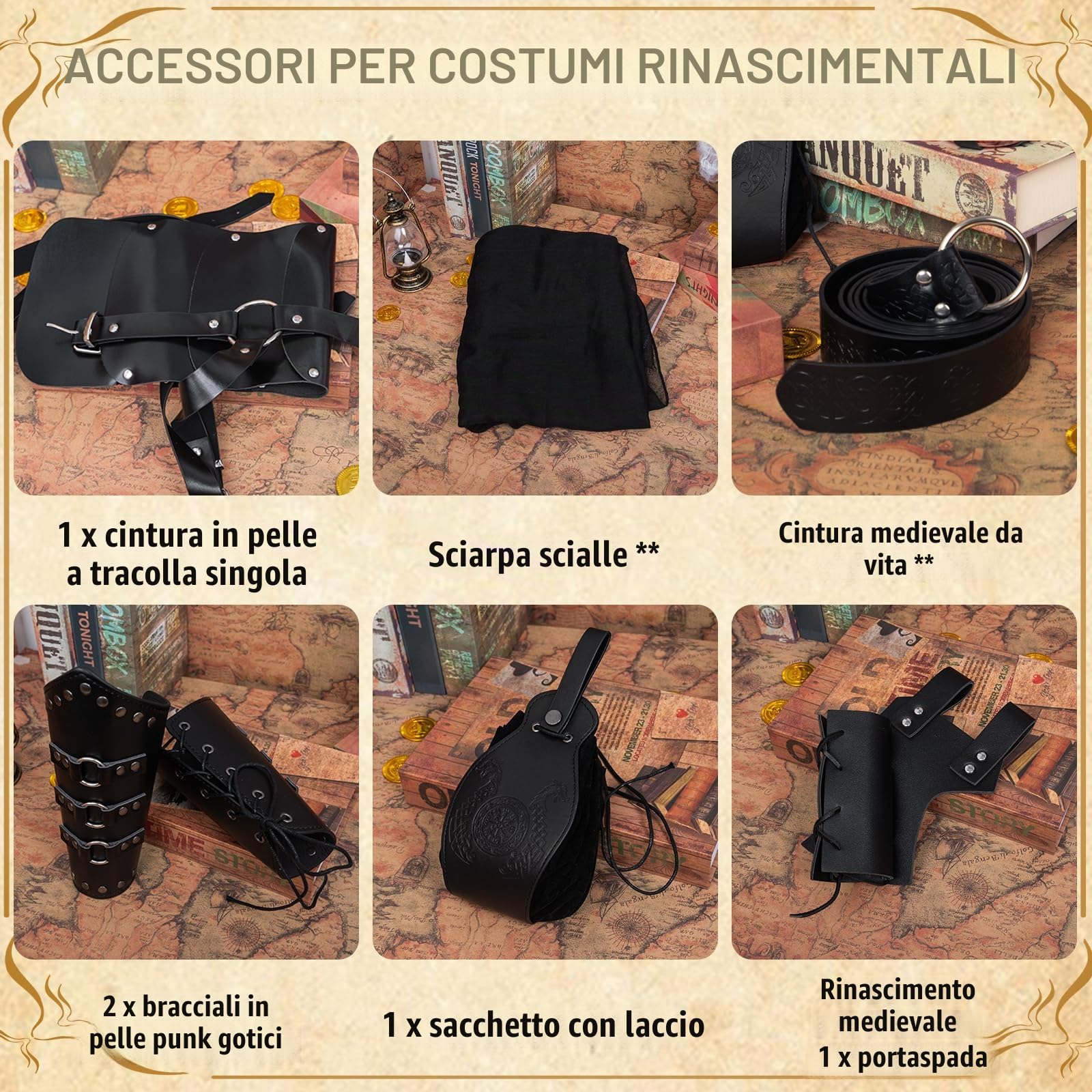 Accessori per cavalieri medievali, Set di accessori retrò per cosplay per uomo, mantello medievale con cappuccio, gurtel e bracciali, borsa da cintura (Style 03)