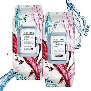 Face Wipes | Retinol Facial Cleansing and Gentle Make Up Remover Wipes - 2 Pack (50 Count Each) | Body Prescriptions