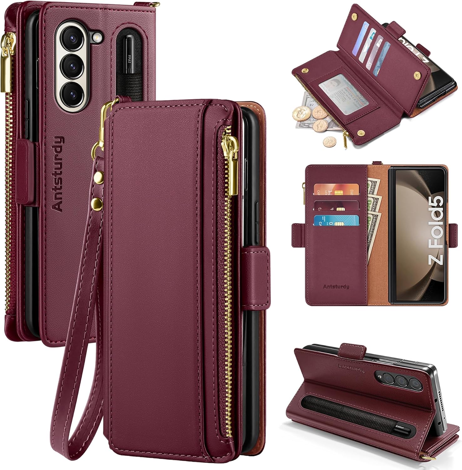 Antsturdy Compatible with Samsung Galaxy Z Fold 5 Case Wallet Women with【S Pen Holder】 Phone Case with Card Holder Strap PU Leather RFID Blocking Flip Protective Cover Credit Slots Men,Wine Red