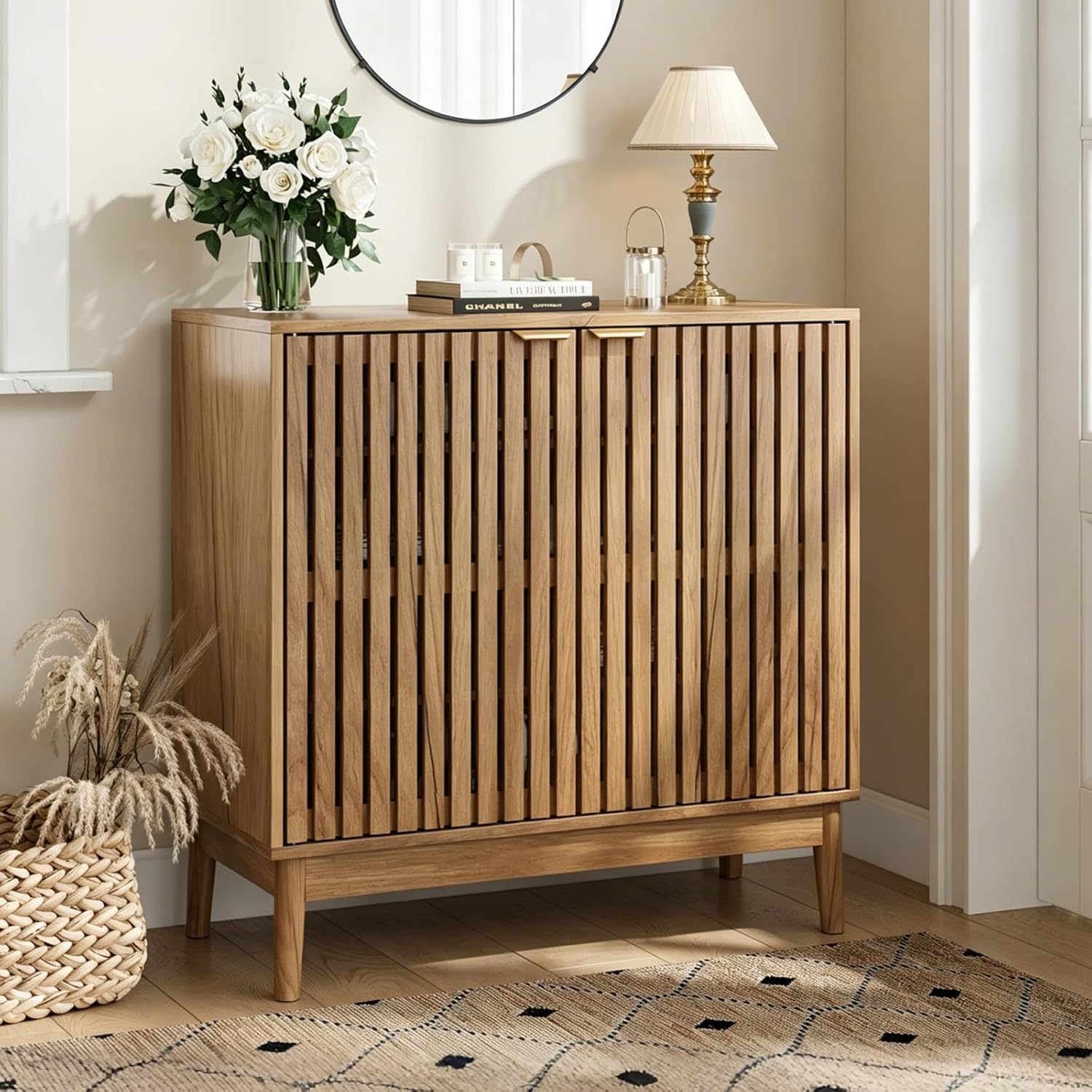 Kiasthome Wooden Sideboard Buffet Cabinet with Slatted Ventilation Doors & Adjustable Shelf, Sideboard Cabinet Storage Cabinet with Ample Storage for Dining Room Entryway (Walnut)