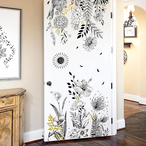 Miniatura 2 de wondever Calcomanías de pared de flores de jardín en blanco y negro, flores silvestres, girasol, amapola, arte de pared para dormitorio, sala de