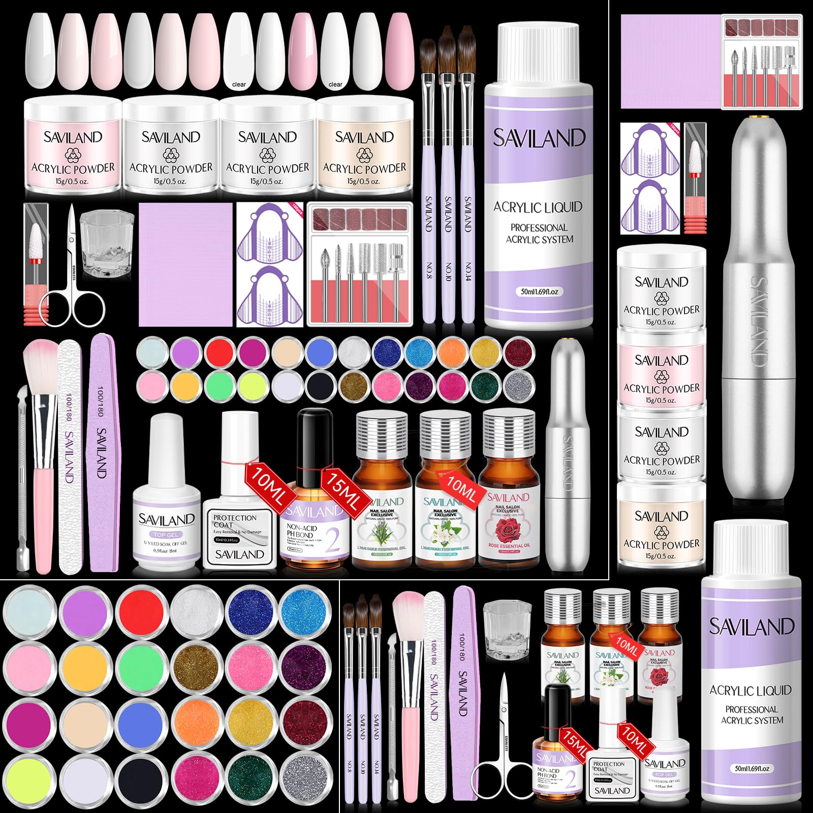 SAVILAND Acrylic Nail Kit with Drill & Essential Oil: Professional Acrylic Nails Kit for Beginner with Everything Nail Powder & Liquid Nail Primer