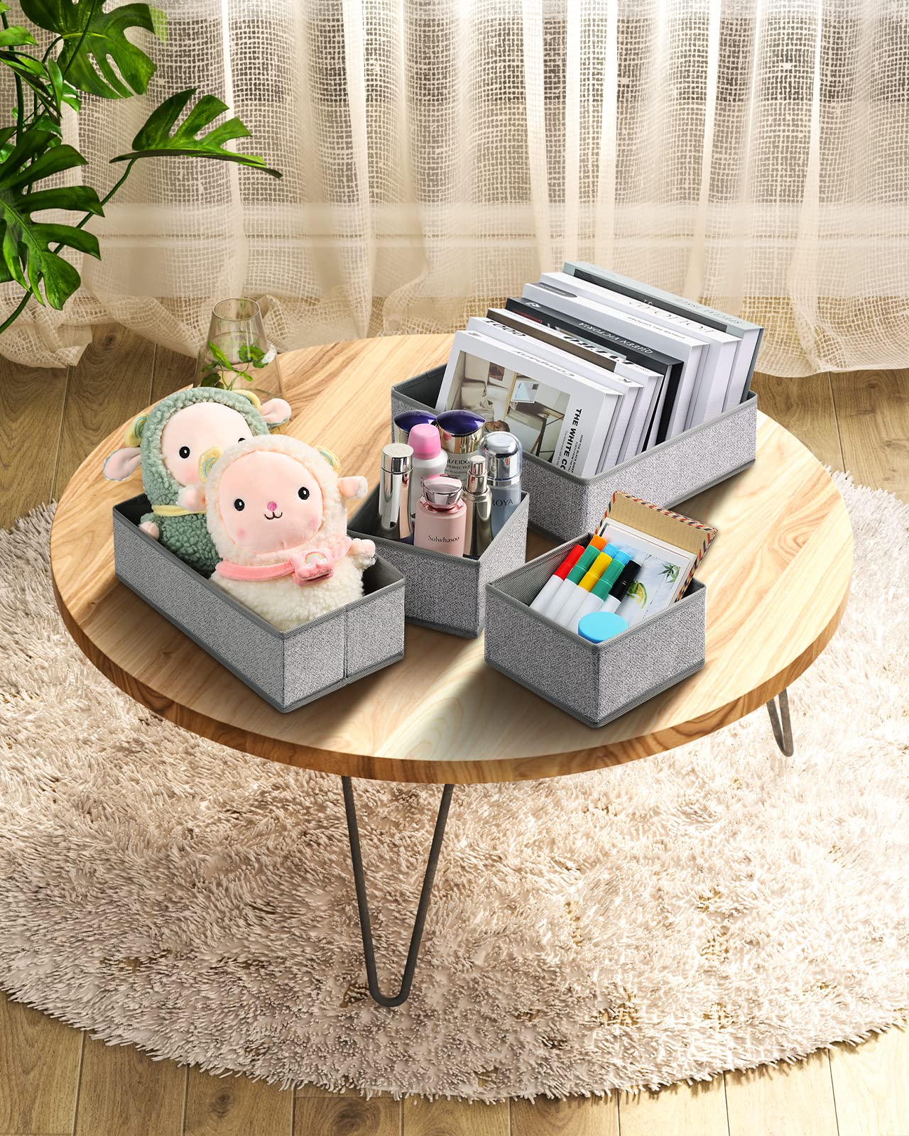 DIMJ Organizer Cassetti, 12 Pcs Non Tessuto Cassetto Organizer, Divisori per Cassetti, Scatola di Immagazzinaggio Pieghevole, Texture Grigio Chiaro