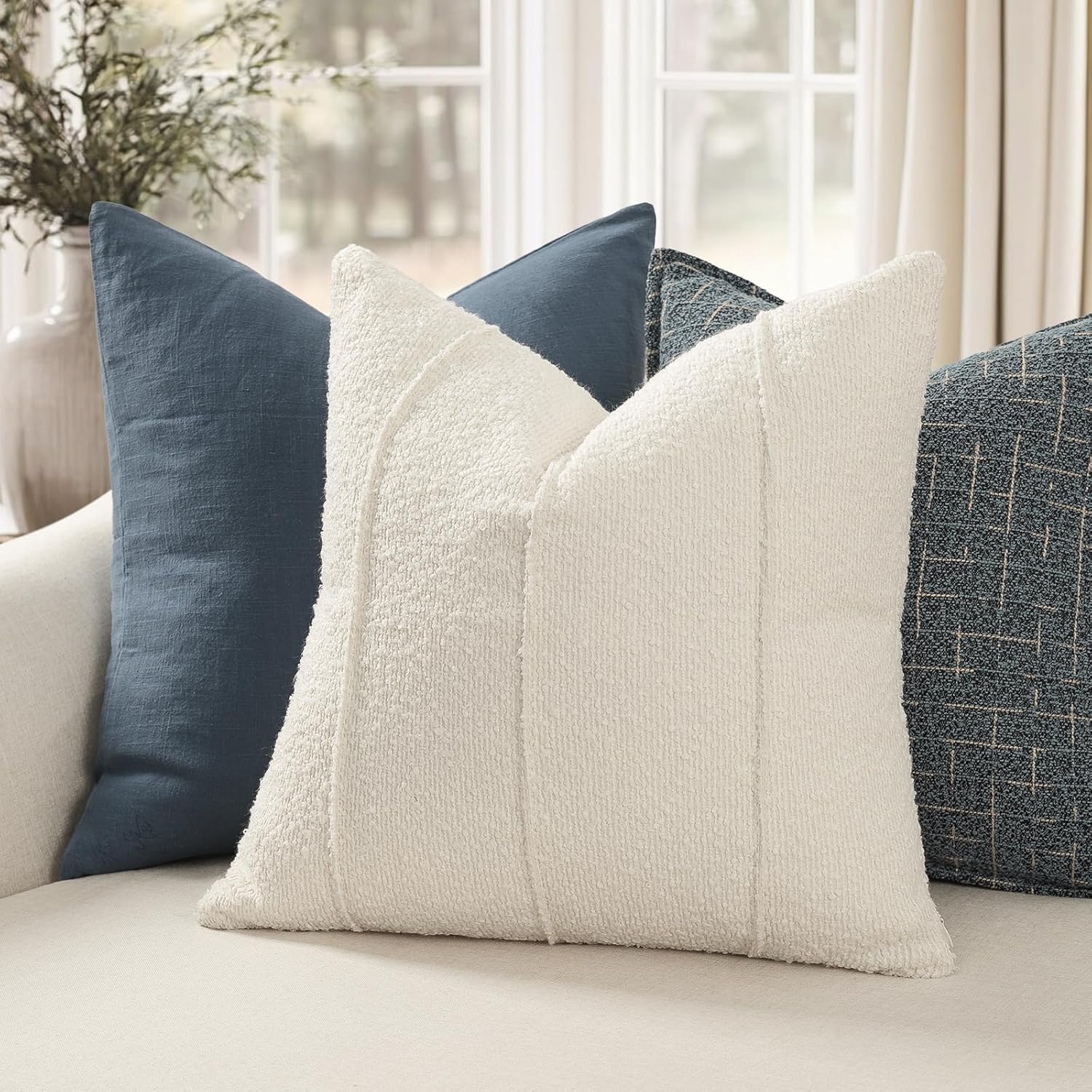 ycoll textured boucle throw pillow covers 20x20 pack of 2 - soft neutral striped cushion covers, cozy accent decorative pillow covers for couch, sofa, bed, living room (ivory) ivory 20" x 20" (pack of 2)