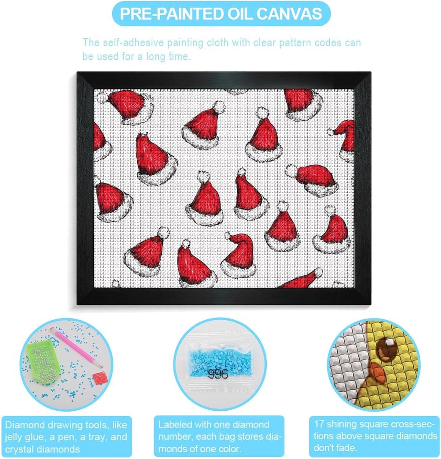 Christmas Red Santa Hat Printed Diamond 5D Painting Kits DIY Full Drill Crafts for Home Wall Decor 16x20 Inch Blackwood 50 * 40cm