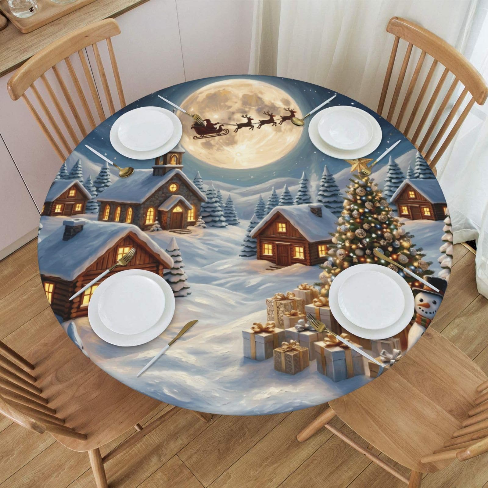 Futterya Round Tablecloth Christmas Tree Snowman Village Winter Xmas Fitted Elastic Waterproof Wipeable Table Cloth Cover Decorations Table Pad Cover