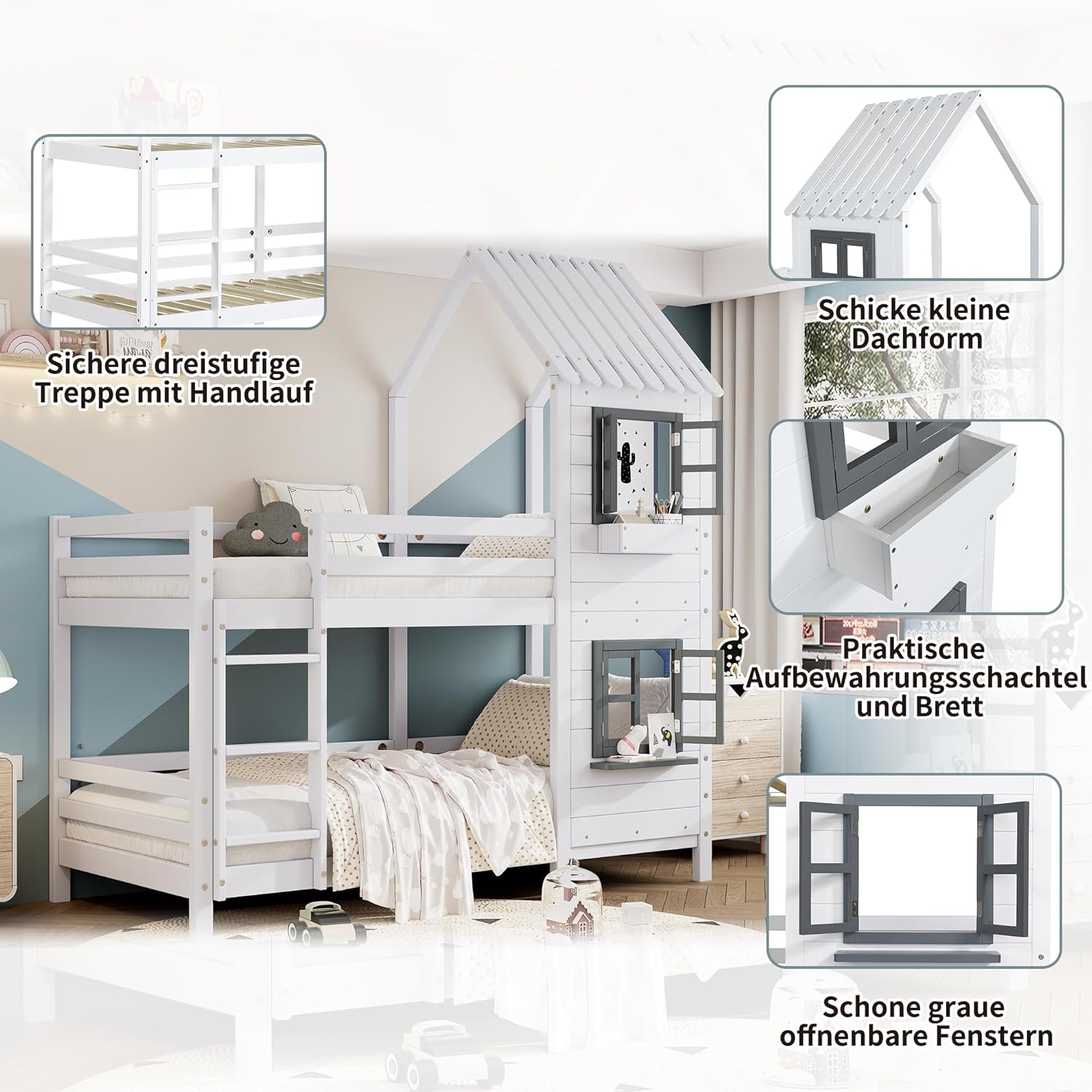Detailed view of Merax Bunk Bed features including roof, storage box, and windows