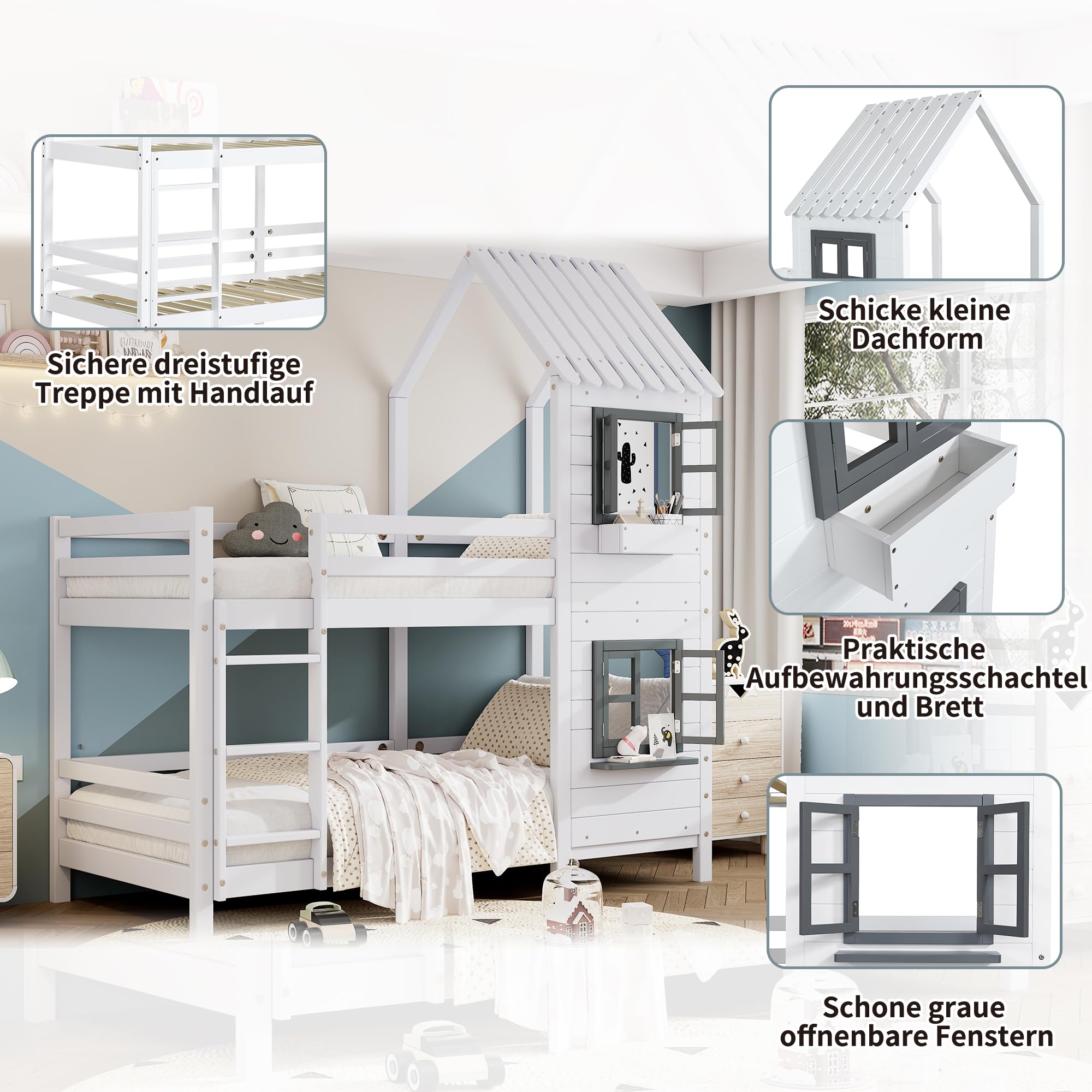 Lubvtti Litera Infantil 90 x 200 cm con pasamanos y Ventana,Cama Infantil con protección contra caídas y barandilla,Cama de Matrimonio,Estructura Cama de Pino con Base de láminas,Blanco