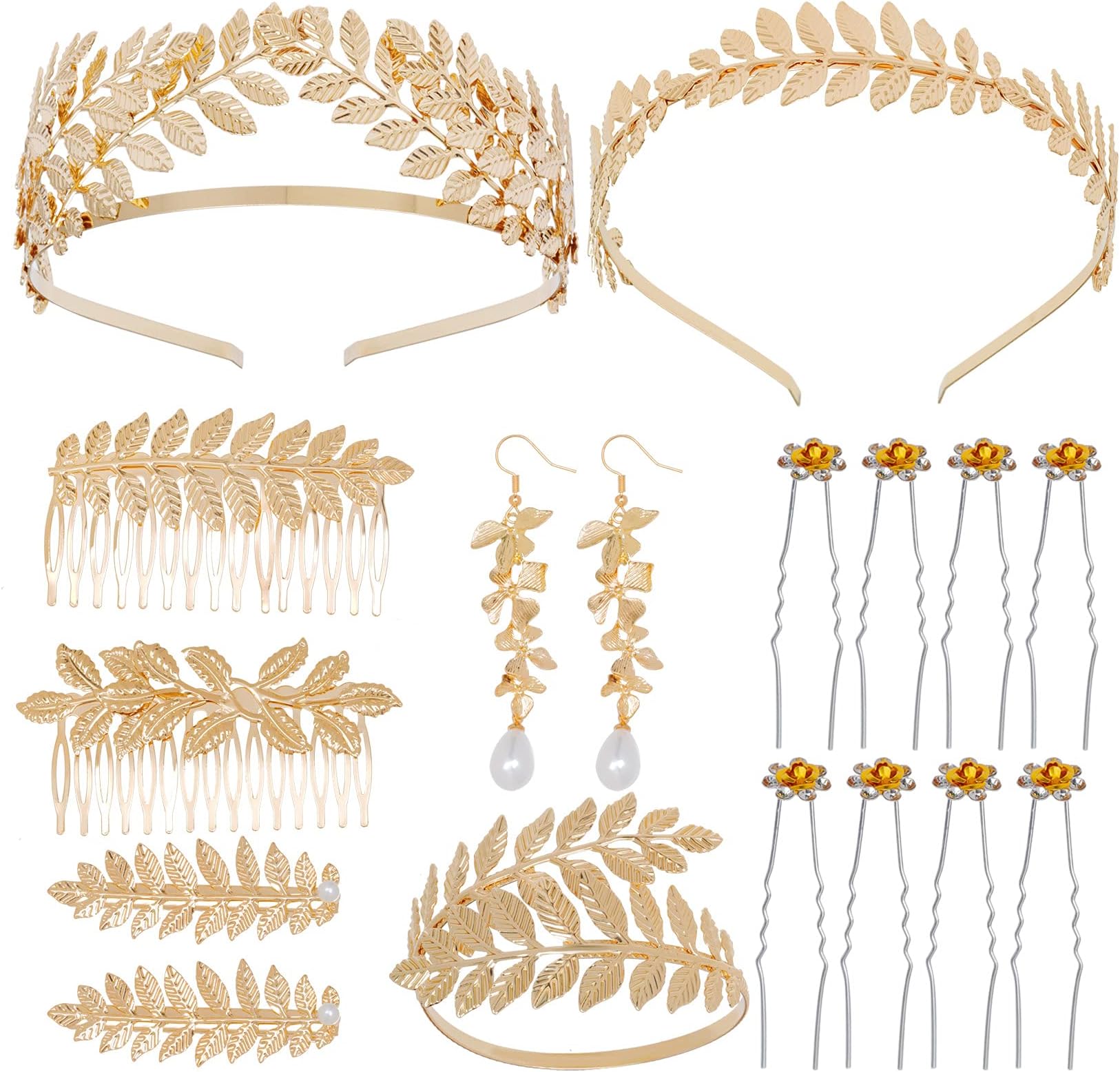 Tongcloud18pcs Hair Accessories Set: Greek Roman Laurel Leaf Headbands, Hair Combs, Hair Clips, Earrings & Pins for Women, Bridal, Costume Party, 1 Count (Pack of 18), Metal
