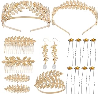18pcs Greek Roman Laurel Leaf Bracelet Greek Leaf Headband Greek Roman Laurel Leaf Bracelet Armband Golden Laurel Leaves Crown Earrings Tiara Costume Greek Goddess Headband Hair Comb Bridal Wedding Headpiece, One Size, Metal