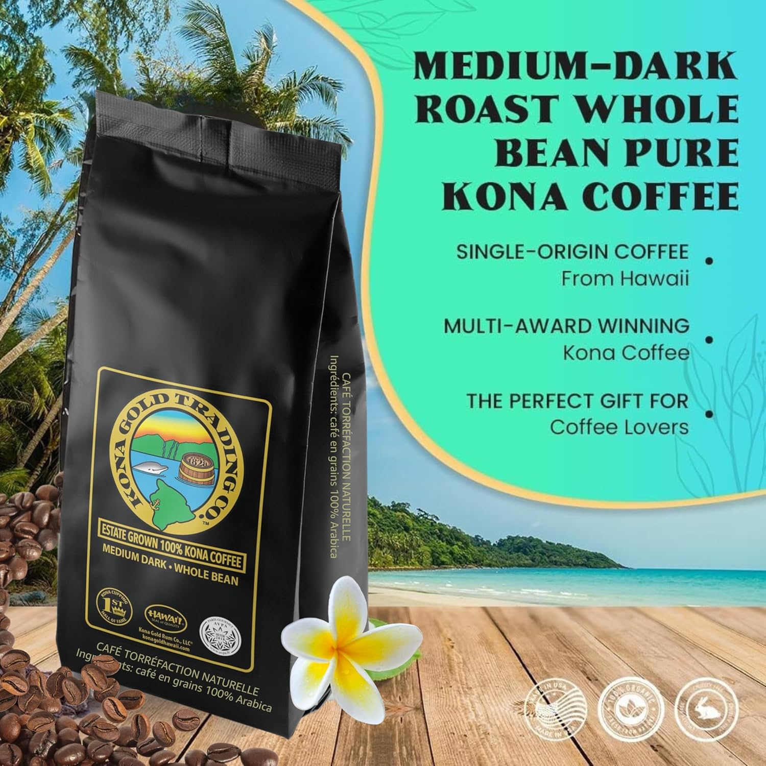 8oz 100% Kona Coffee Whole Beans by Kona Gold Rum Co. - Extra Fancy Freshly Roasted Medium/Dark Roast, Peach Notes with Cream Tones - Kona Coffee Whole Bean