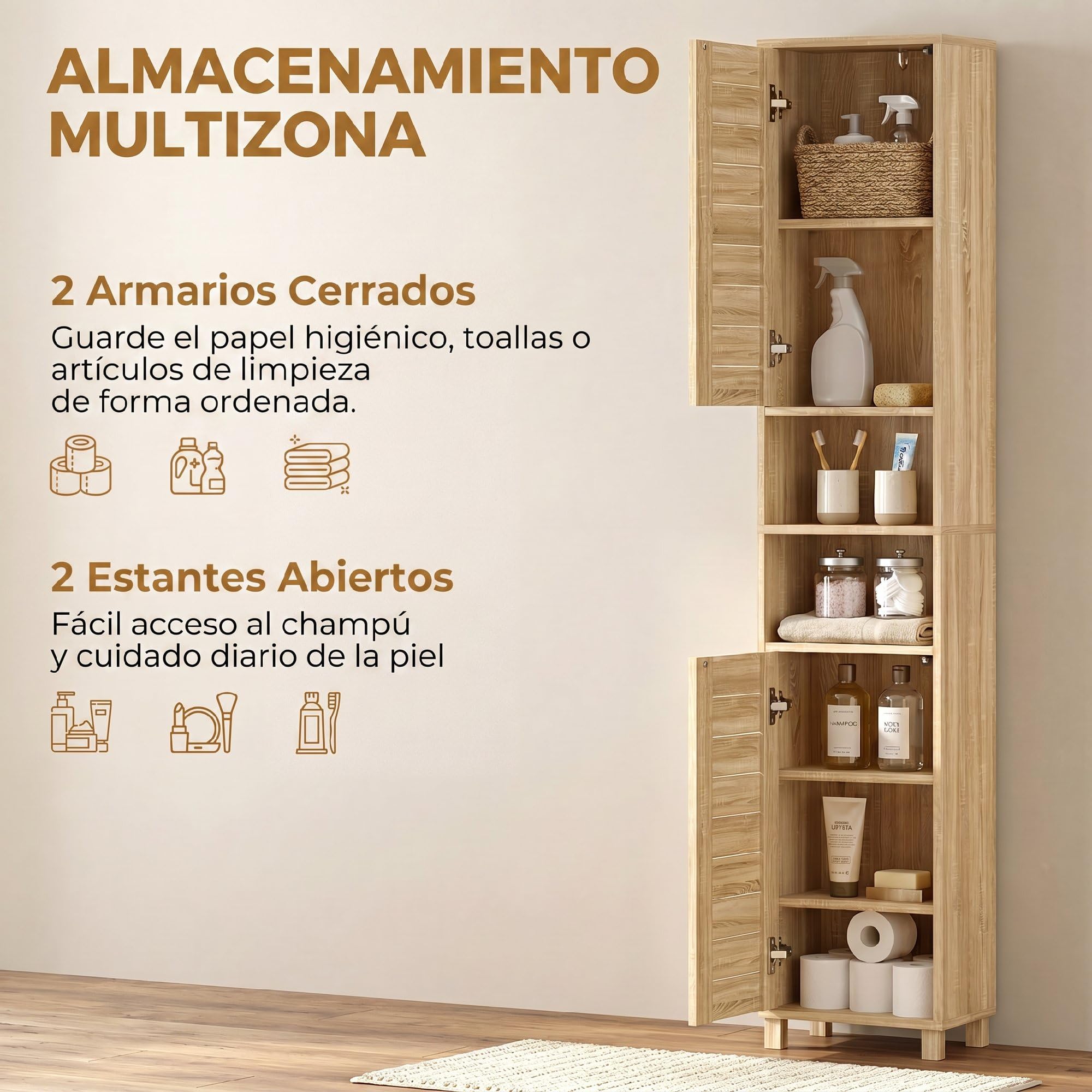 HOMCOM Armario de Baño Alto para Espacios Pequeños 34x23x170 cm Natural | Mueble Auxiliar de Baño Estrecho, Estantes Ajustables, Puertas de Lamas Apertura por Presión, Estantes Abiertos