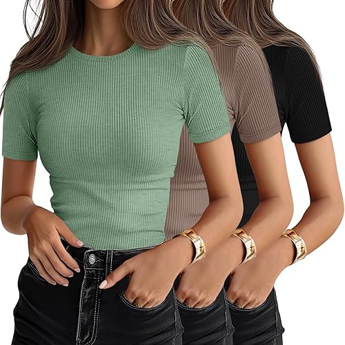 Ficerd 3 Pack Women's Ribbed T-Shirts, Cotton Short Sleeve Basic Tees Crewneck Fitted Tops Casual Shirts 2025 Summer Trendy
