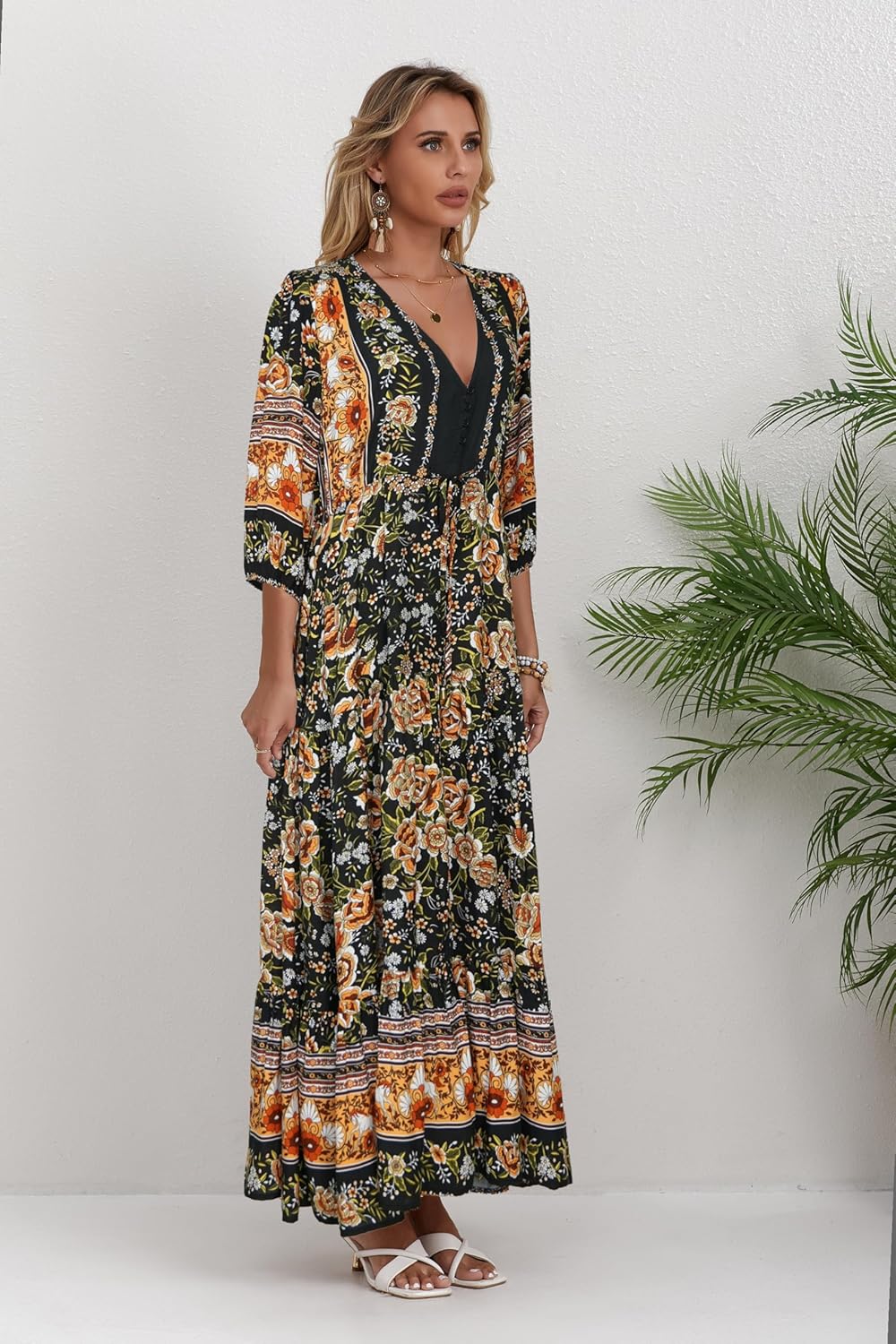 Women Short Sleeve V Neck Floral Print Casual Bohemian Maxi Dresses - Image 4