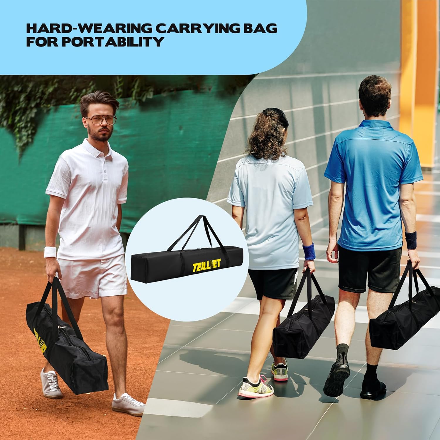 Teillnet Pickleball Net Set – 22FT Portable Net with Metal Holder & 4 Balls, Sturdy Steel Frame Ultra Stable Easy Setup & Carrying Bag 35.4"x7.5"x7.1", Weather-Resistant for Outdoor Indoor Driveway