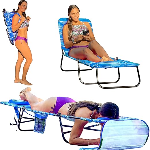 EasyGo Product FLIP Face Down Tanning Beach Chair Lounger with Face & Arm Holes-Polyester Material – Multiple Backrest Positions-Head Rest Pillow-Sand or Home Use-PATENTS Pending, Blue